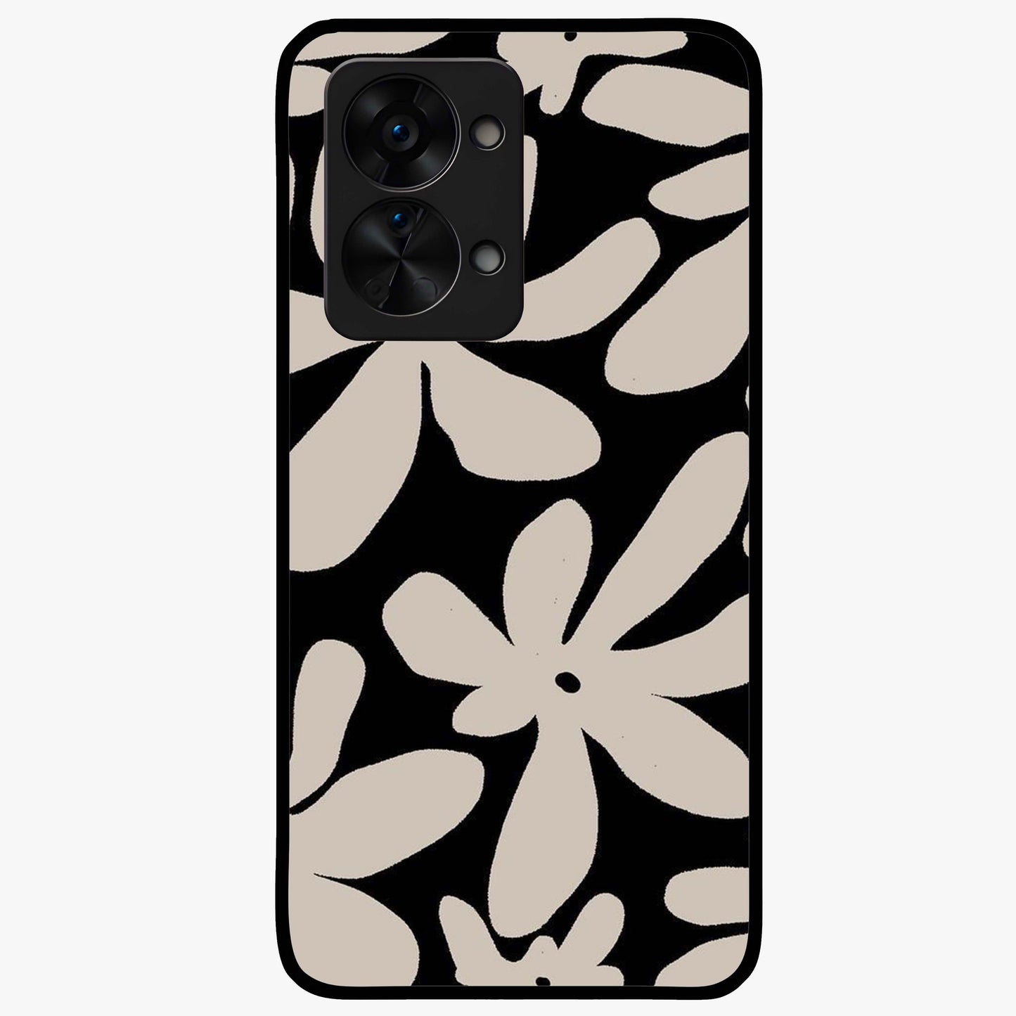 Monochrome Petal Dance Glass Case for 1+Nord 2T artistic front view featuring black and white floral artwork