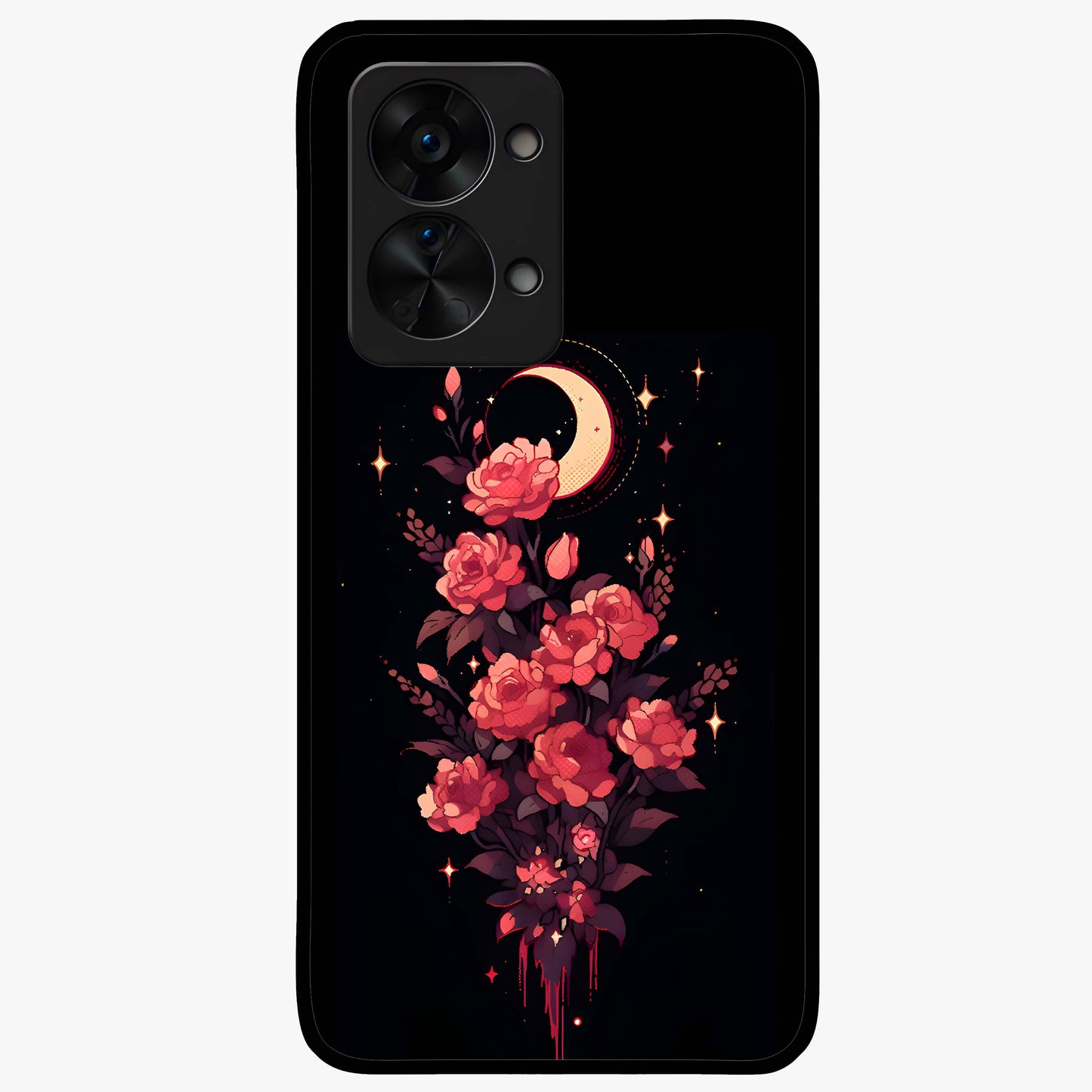 Moonlit Floral Elegance Glass Case for 1+Nord 2T graceful front view featuring sophisticated floral artwork on dark backdrop
