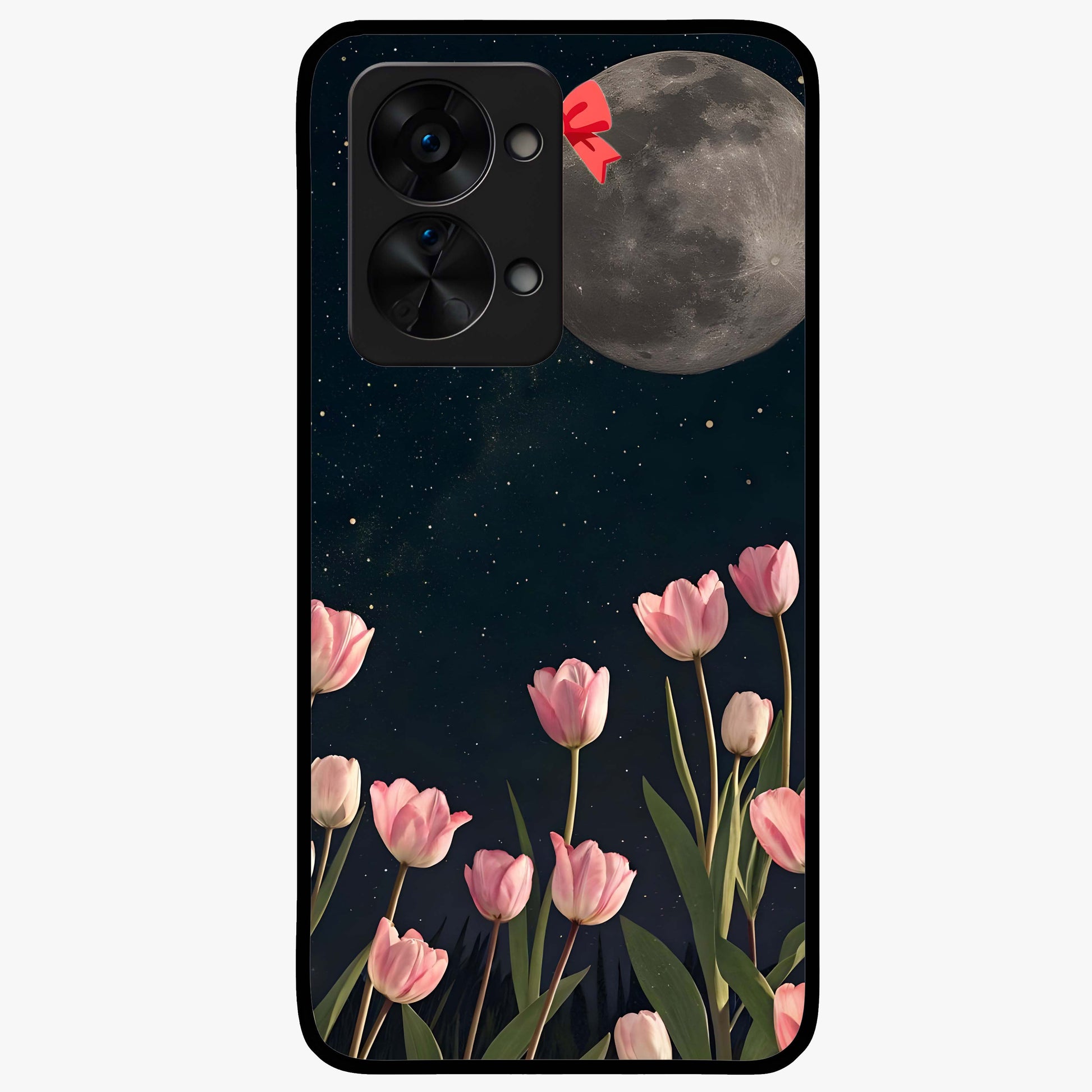 Moonlit Night Tulip Glass Case for 1+Nord 2T serene front view featuring tulip floral artwork in midnight tones