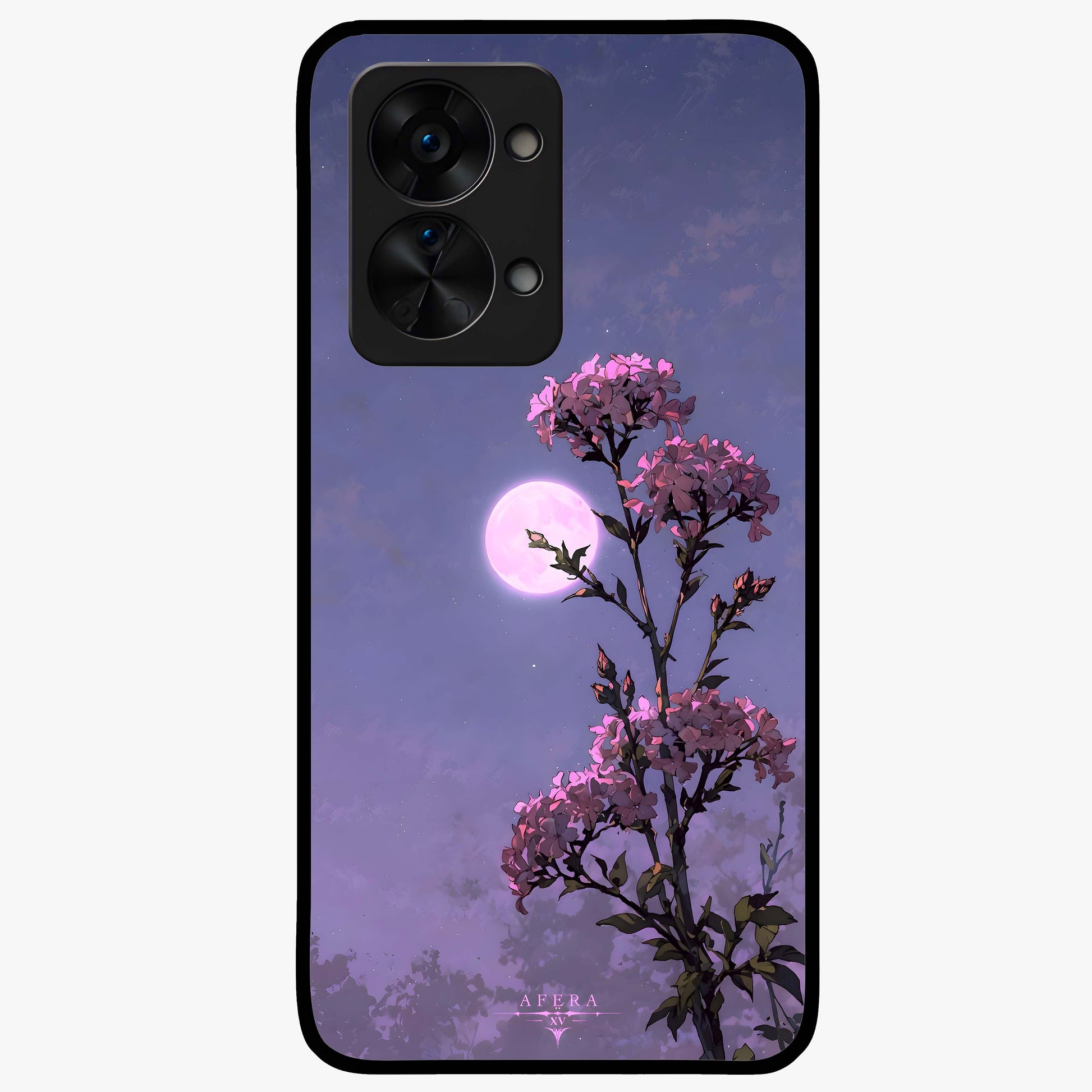 Moonlit Petal Night Glass Case for 1+Nord 2T elegant front view featuring floral artwork glowing in night tones