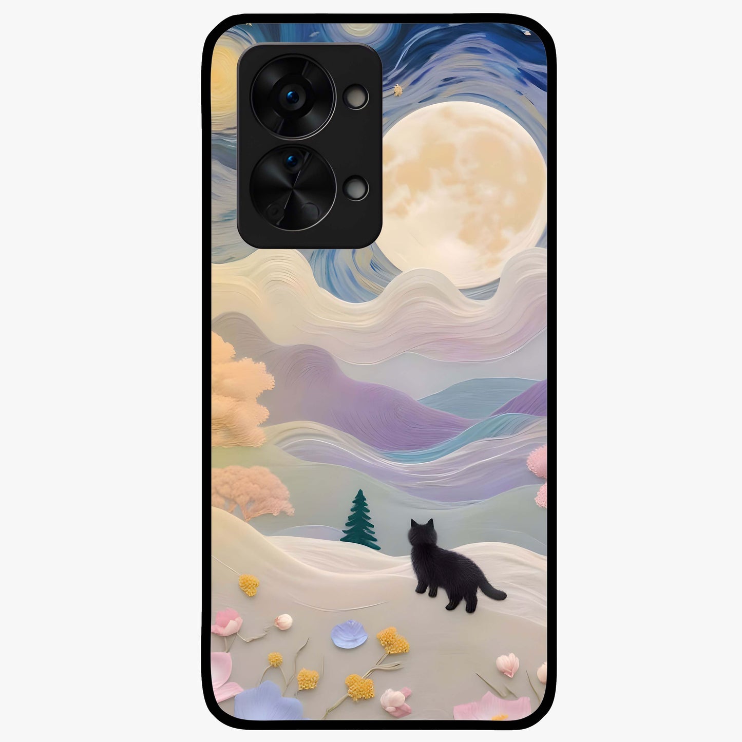 Moonlit Petal Path Glass Case for 1+Nord 2T artistic front view featuring floral pathway artwork under soft moonlight