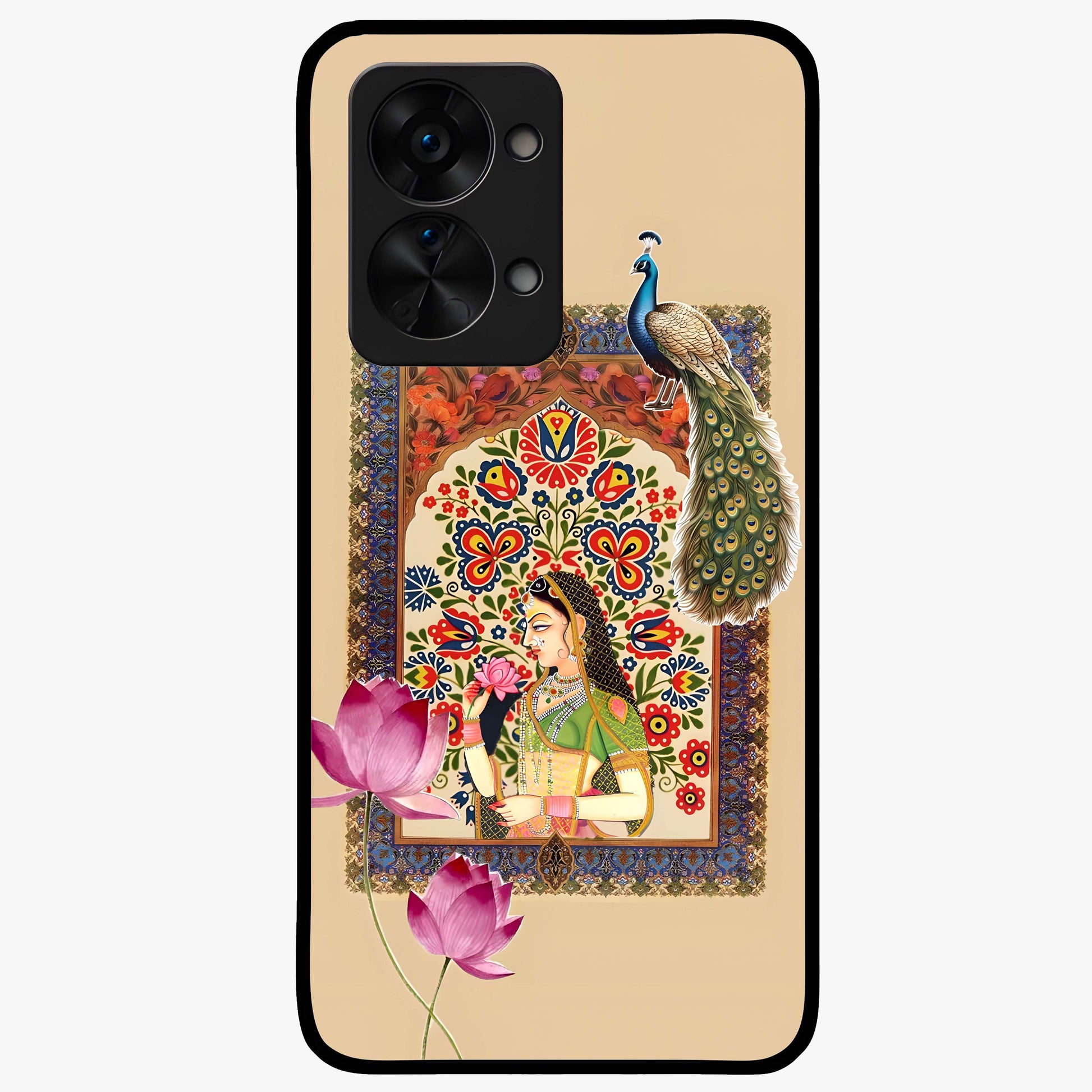 Mughal Princess and Peacock Glass Case for 1+Nord 2T royal front view featuring intricate princess and peacock artwork