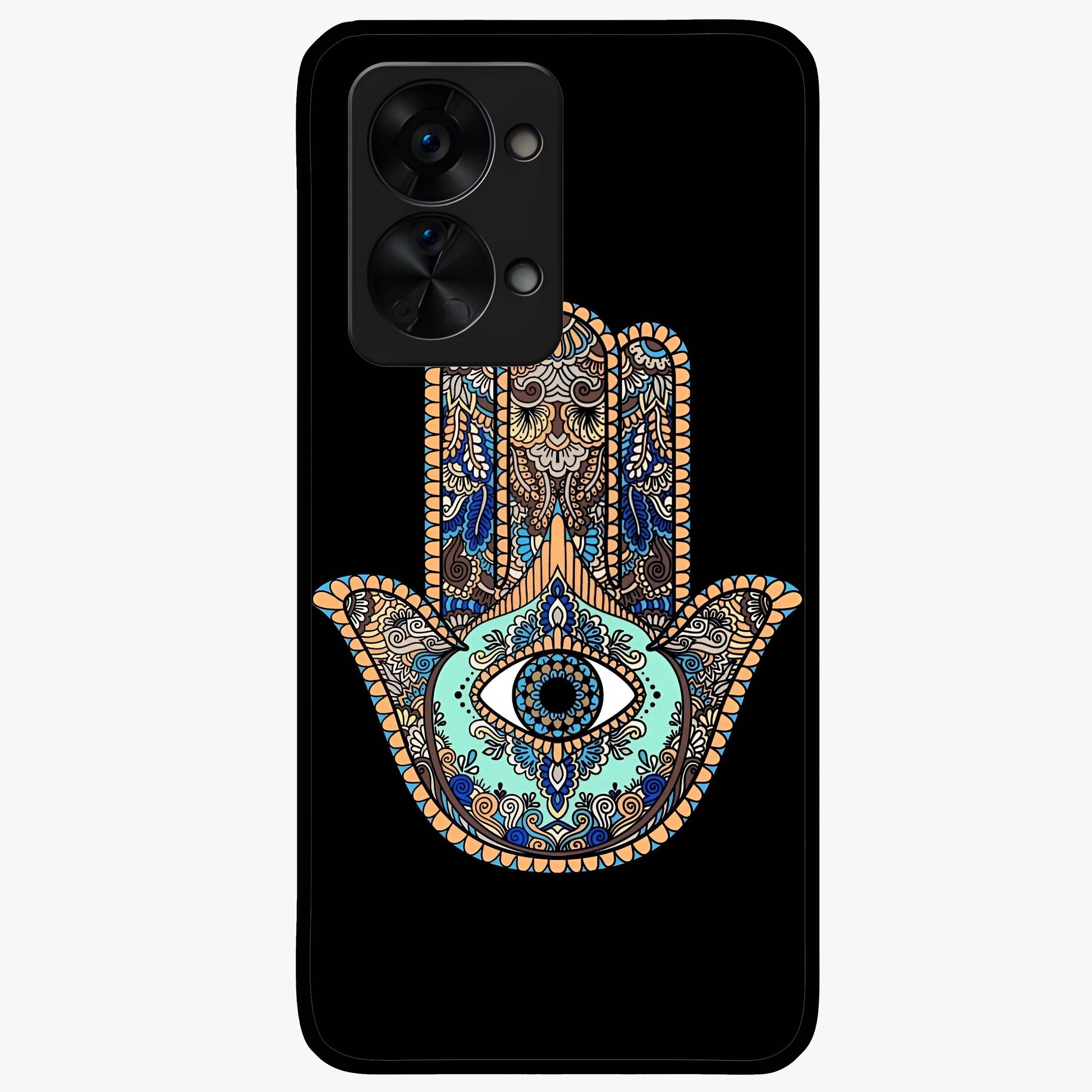 Mystic Hamsa Eye Glass Case for 1+Nord 2T symbolic front view featuring traditional hamsa eye artwork