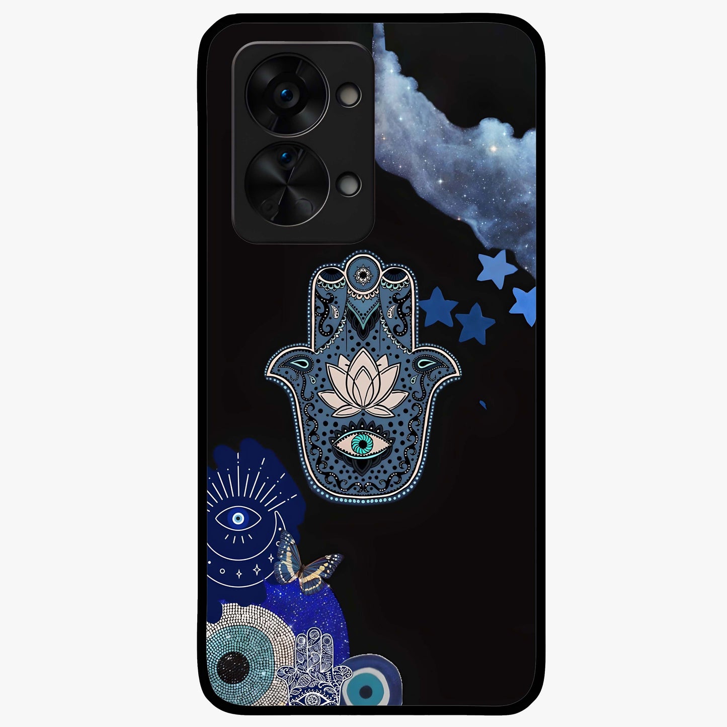 Mystic Hand Aura Glass Case for 1+Nord 2T artistic front view featuring hand symbol artwork with glowing aura tones