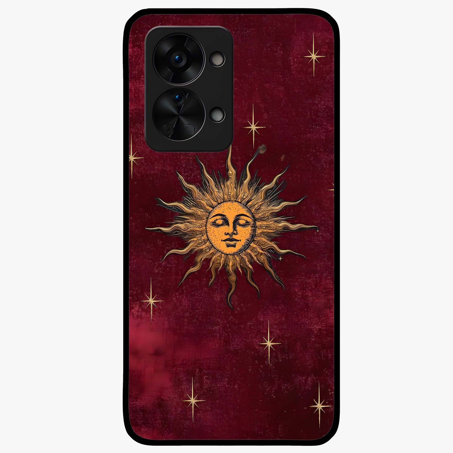 Mystic Solar Glow Glass Case for 1+Nord 2T radiant front view featuring glowing sun inspired mystical artwork