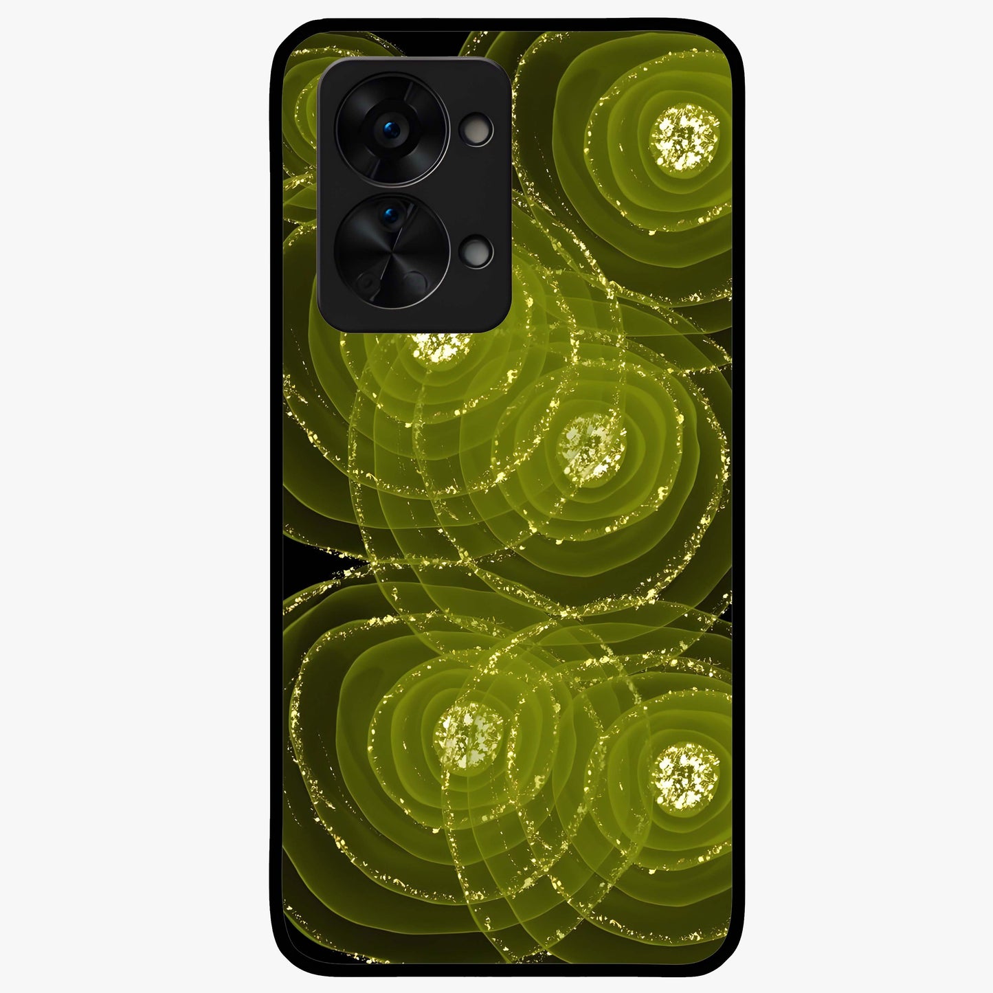 Neon Orbit Bloom Marble Glass Case for 1+Nord 2T artistic front view featuring marble texture with neon orbit accents