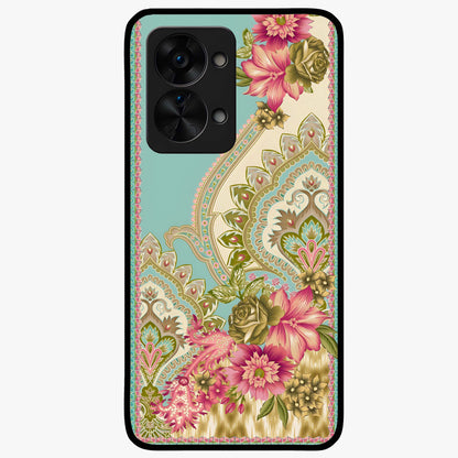 Ornate Mughal Floral Pattern Glass Case for 1+Nord 2T royal front view featuring intricate Mughal inspired floral artwork