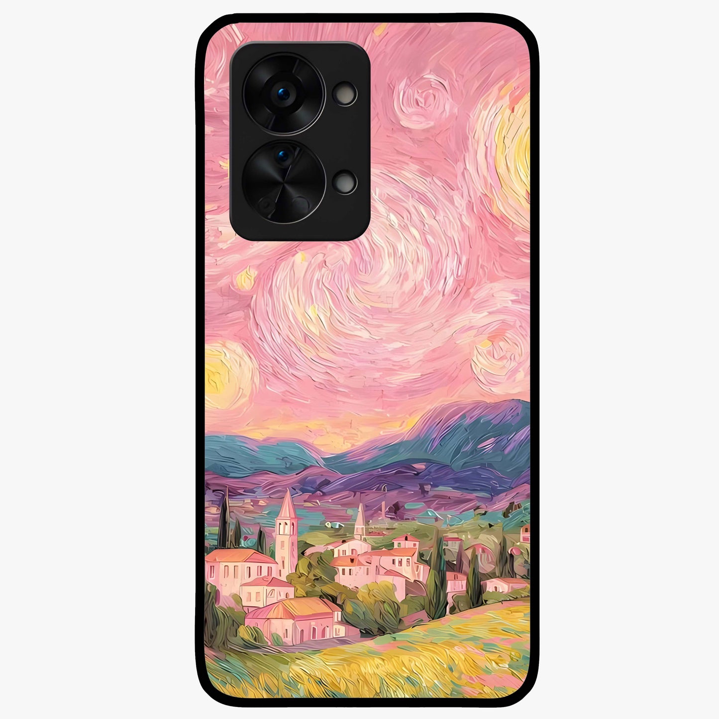 Pastel Starry Village Glass Case for 1+Nord 2T dreamy front view featuring village artwork under pastel night sky