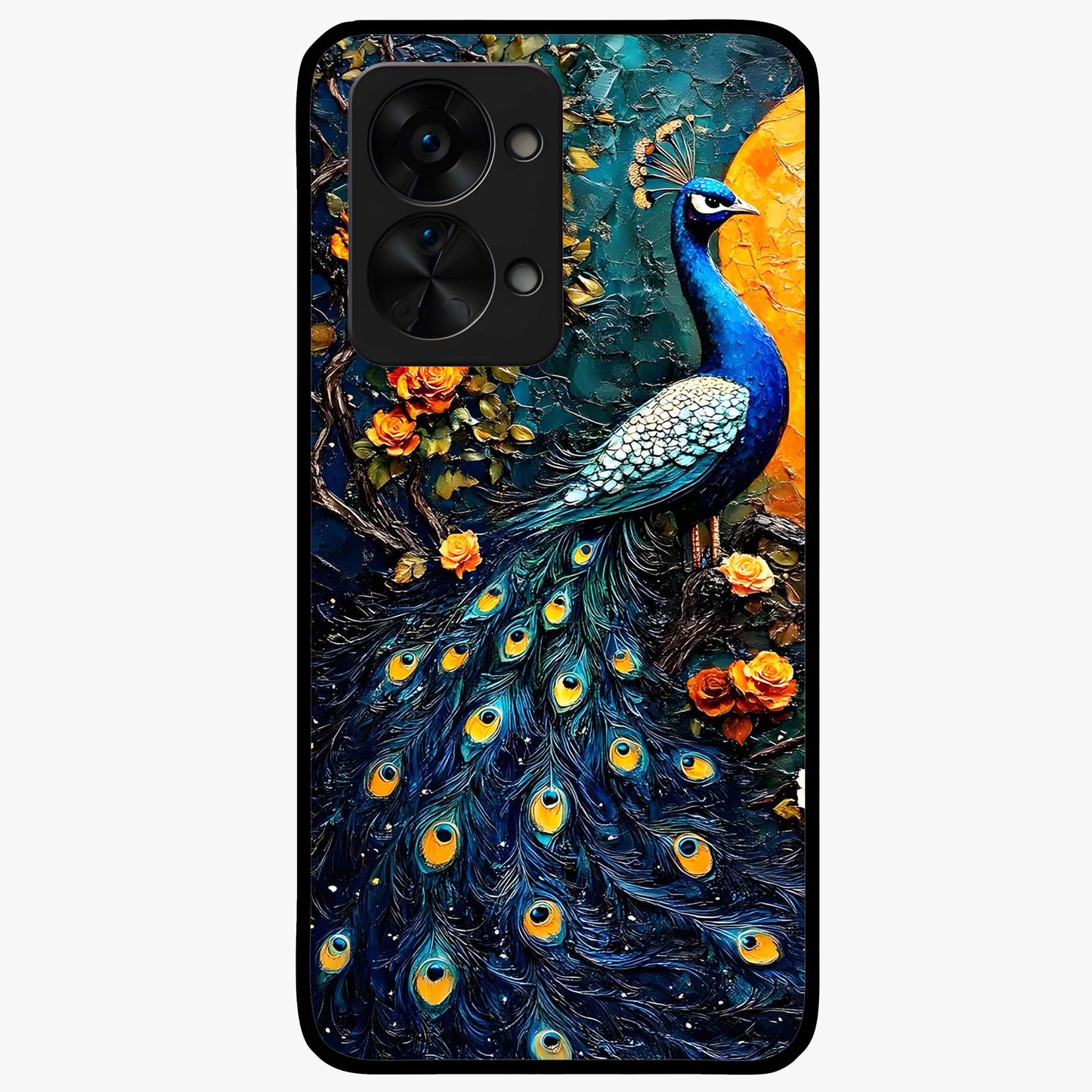 Peacock With Yellow Moon Glass Case for 1+Nord 2T striking front view featuring peacock artwork under glowing yellow moon