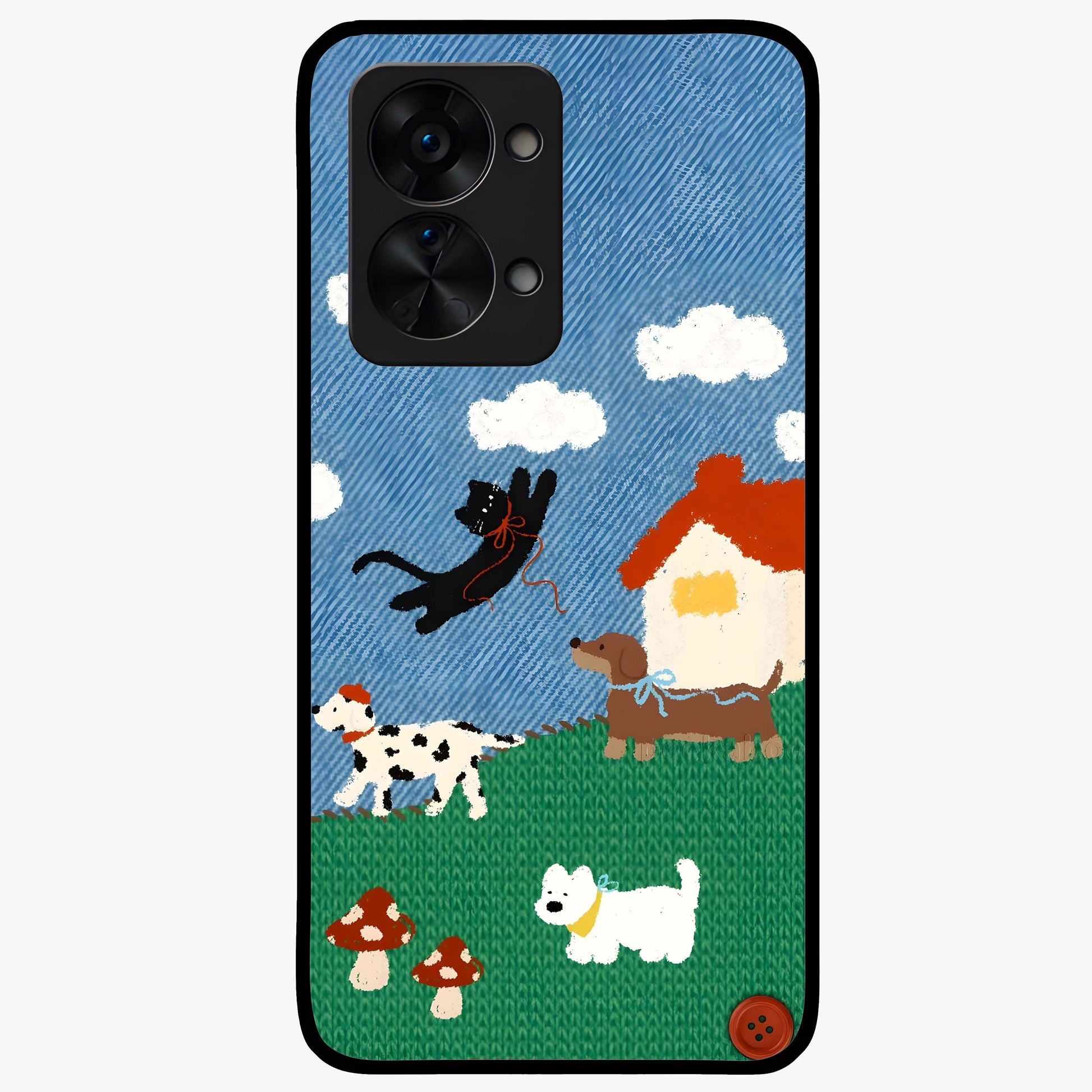 Pet Adventures Glass Case for 1+Nord 2T playful front view featuring cute pet themed artwork