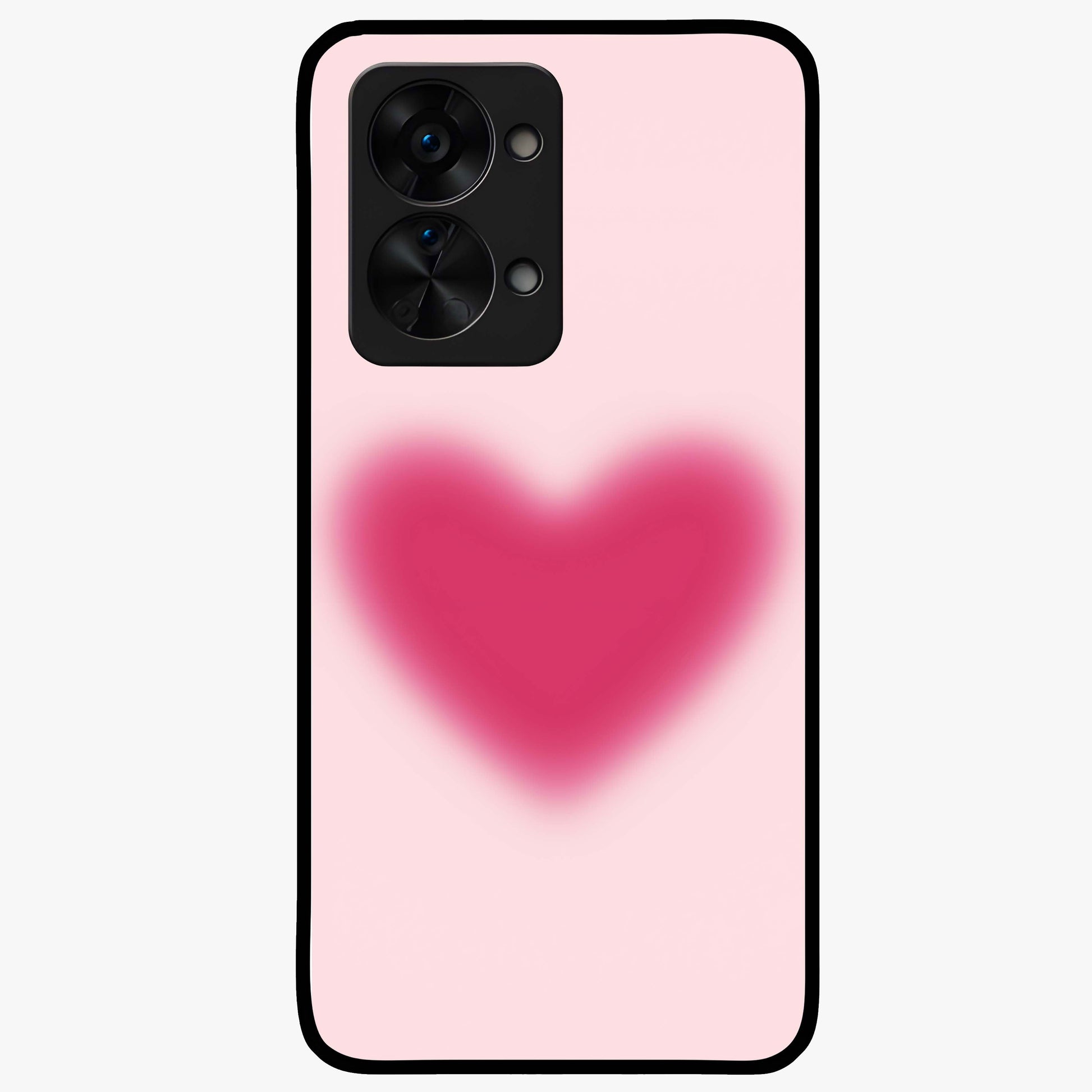 Pink Aura Heart Glass Case for 1+Nord 2T soft front view featuring glowing heart artwork in pastel pink tones