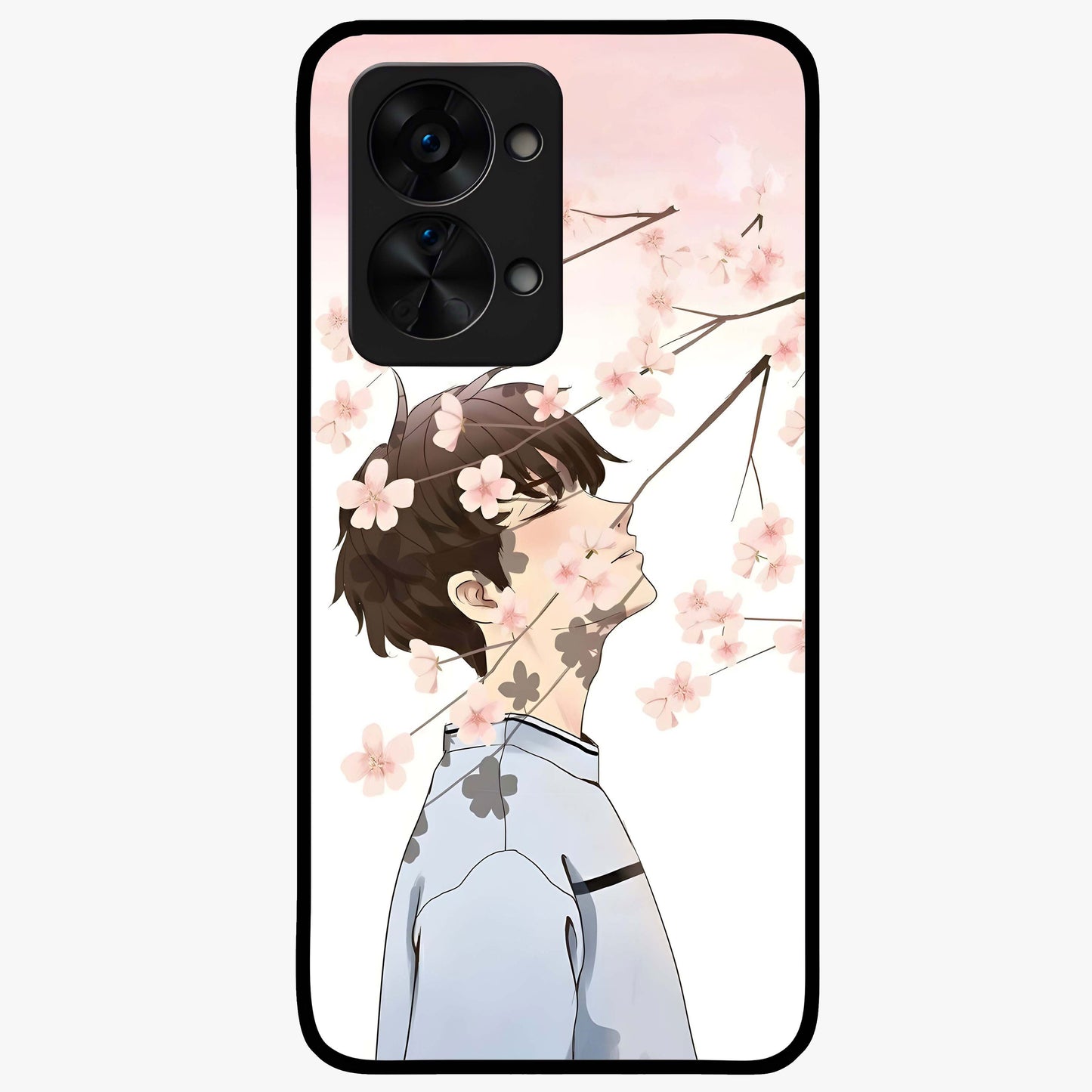 Pink Blossom Boy Glass Case for 1+Nord 2T aesthetic front view featuring illustrated character with pink floral accents