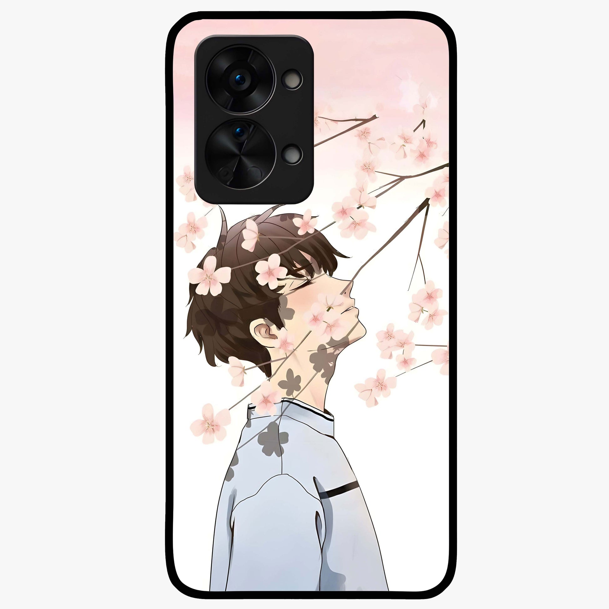 Pink Blossom Boy Glass Case for 1+Nord 2T aesthetic front view featuring illustrated character with pink floral accents