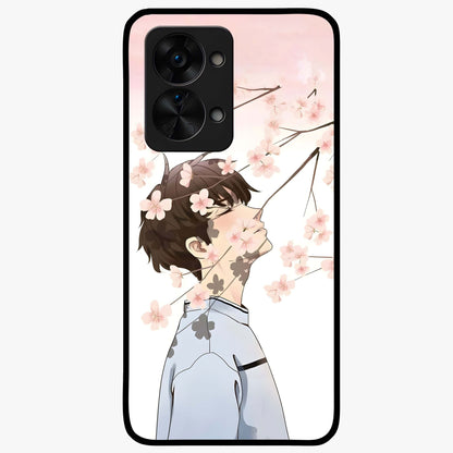 Pink Blossom Boy Glass Case for 1+Nord 2T aesthetic front view featuring illustrated character with pink floral accents
