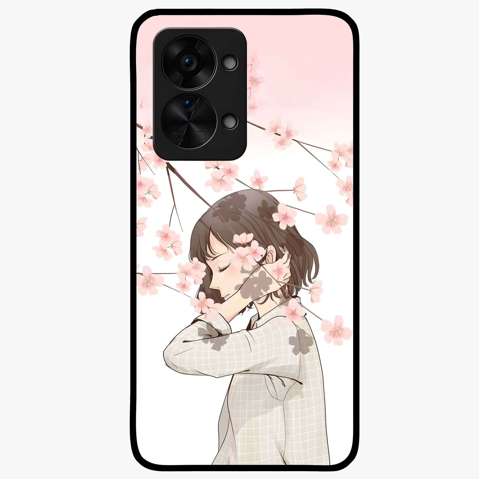Pink Blossom Girl Glass Case for 1+Nord 2T charming front view featuring illustrated girl with pink blossom artwork