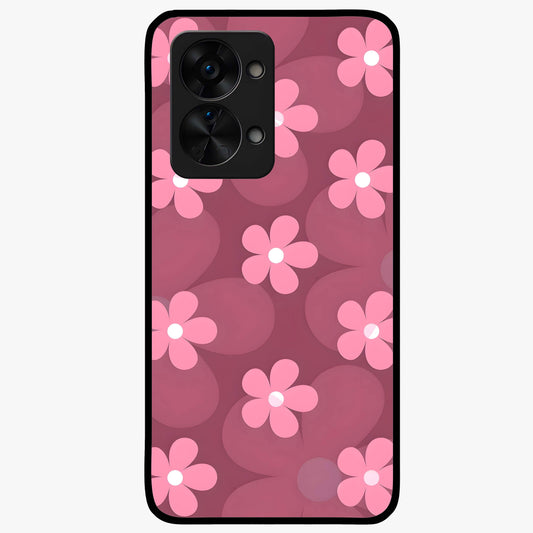 Pink Daisy Flower Pattern Glass Case for 1+Nord 2T cheerful front view featuring daisy floral artwork in pink tones