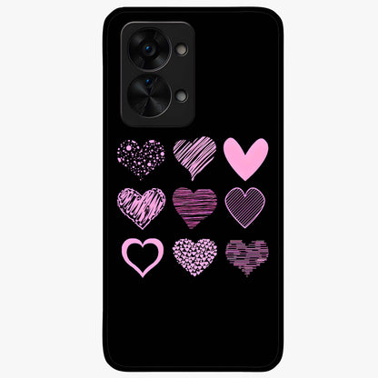 Pink Heart Aesthetic Glass Case for 1+Nord 2T cute front view featuring minimal heart artwork in soft pink tones