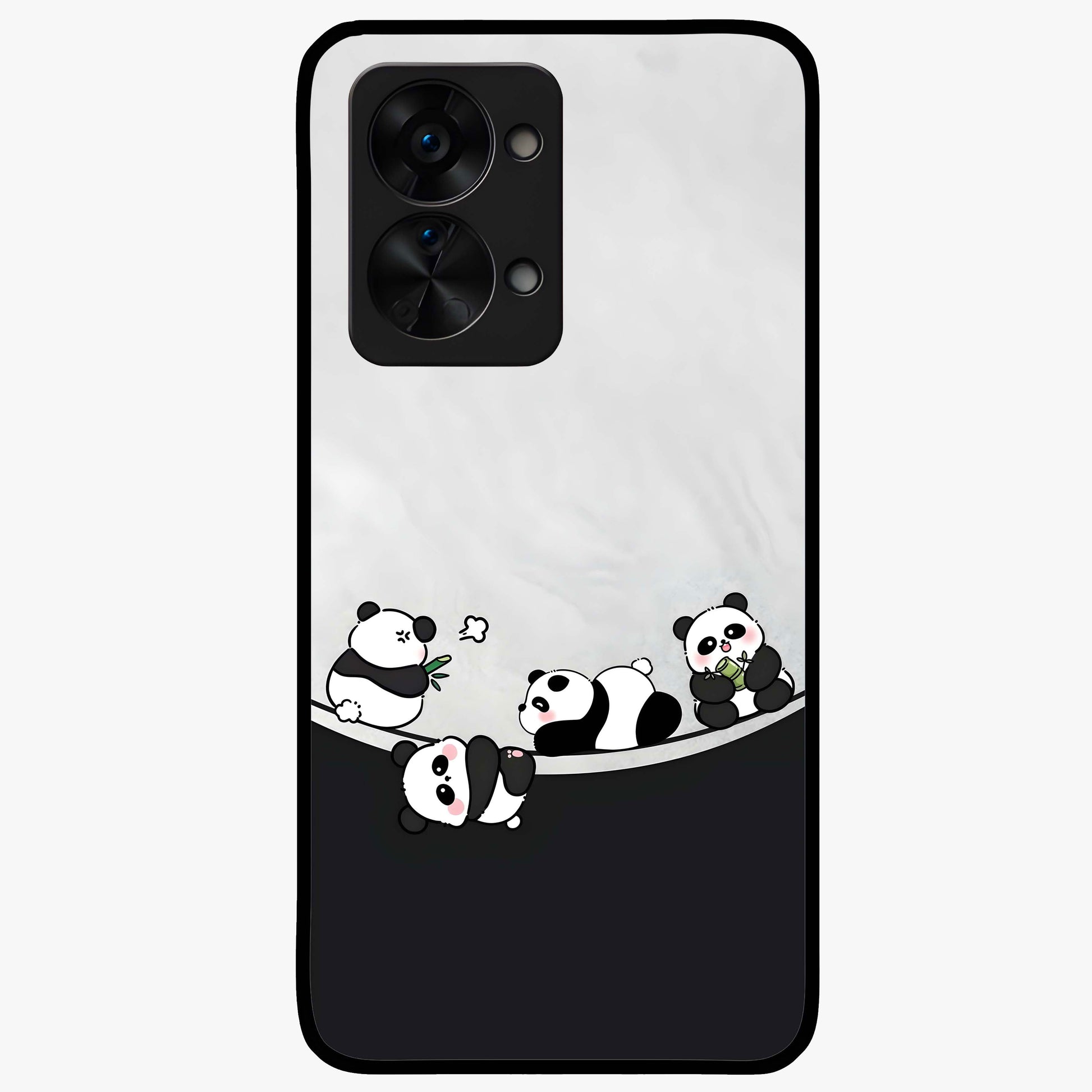 Playful Panda Parade Glass Case for 1+Nord 2T adorable front view featuring cute panda artwork in lively poses