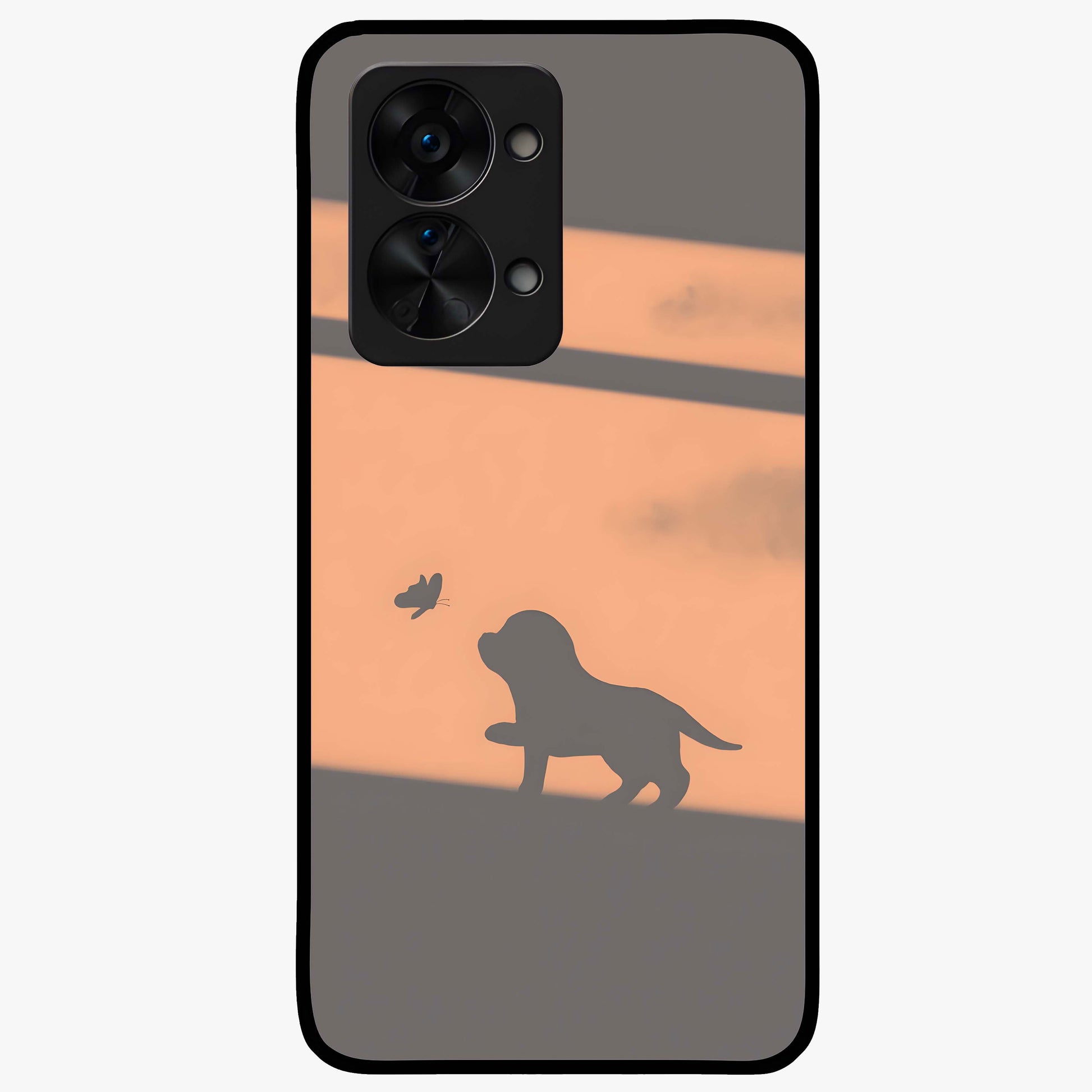 Puppy Shadow Art Glass Case for 1+Nord 2T charming front view featuring artistic puppy silhouette artwork