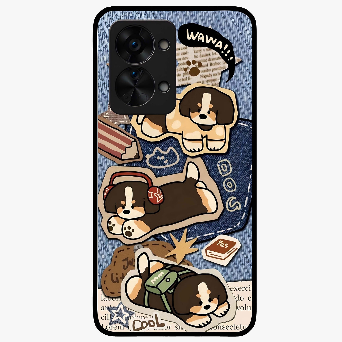 Puppy Sticker Parade Glass Case for 1+Nord 2T playful front view featuring multiple puppy sticker style artwork