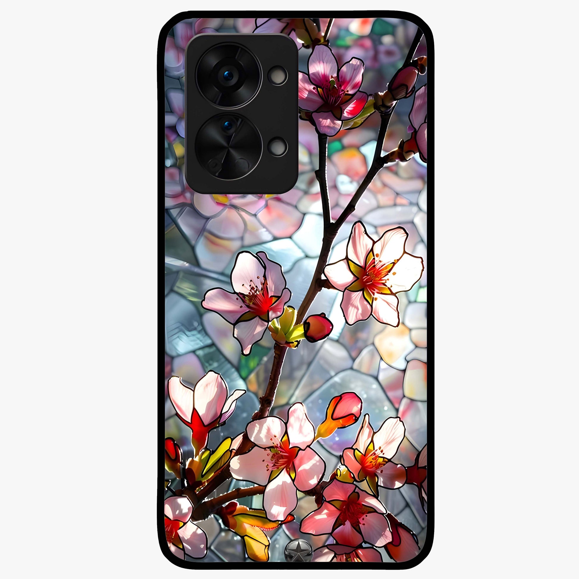 Radiant Bloom Glow Glass Case for 1+Nord 2T vibrant front view featuring glowing floral artwork in warm tones