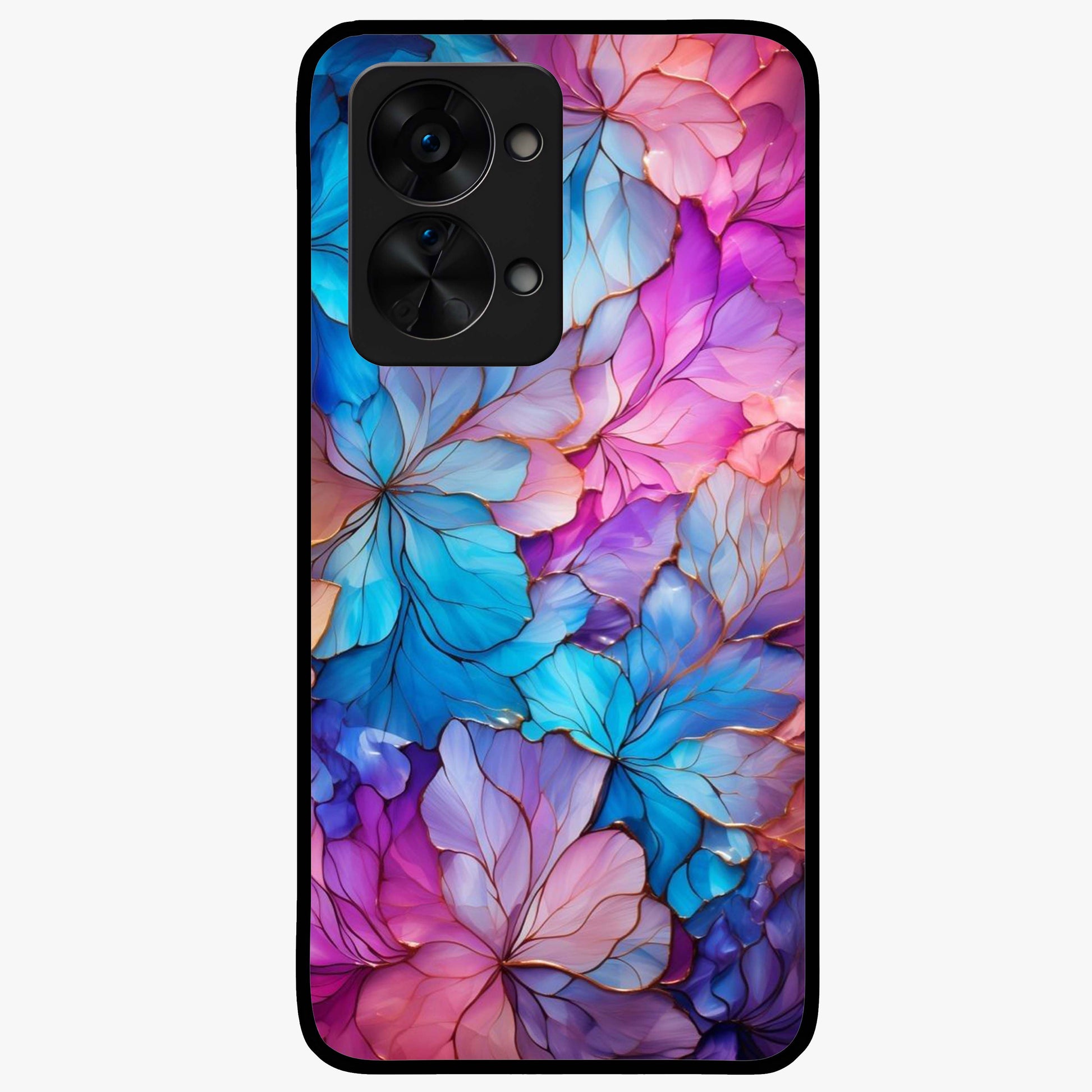 Radiant Floral Whirl Glass Case for 1+Nord 2T artistic front view featuring swirling floral artwork