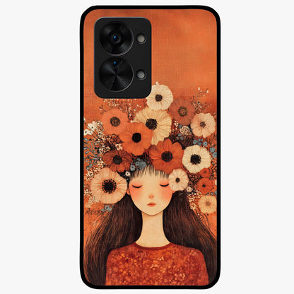 Radiant Flower Thoughts Glass Case for 1+Nord 2T soft front view featuring delicate floral artwork with artistic vibe