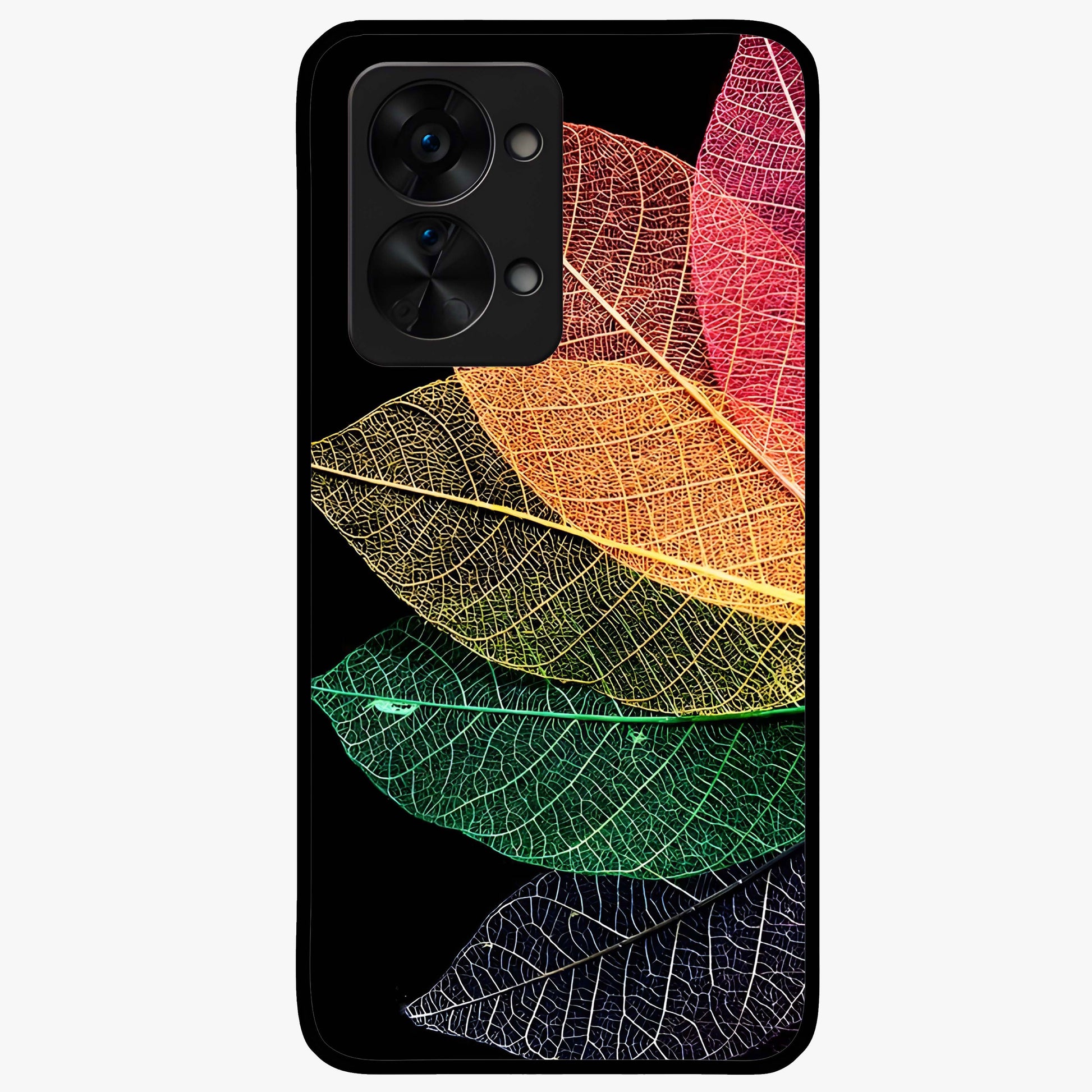 Rainbow Leaf Glow Glass Case for 1+Nord 2T colorful front view featuring vibrant leaf artwork with glowing effect