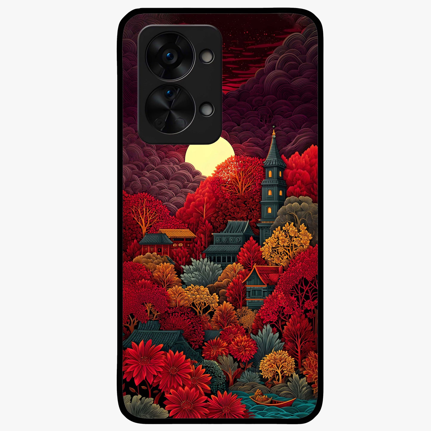 Red Scenery Hot Glass Case for 1+Nord 2T dramatic front view featuring bold red landscape artwork