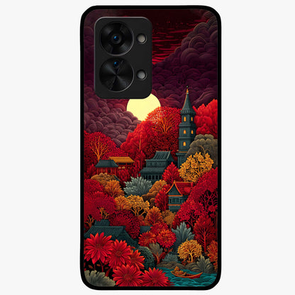 Red Scenery Hot Glass Case for 1+Nord 2T dramatic front view featuring bold red landscape artwork