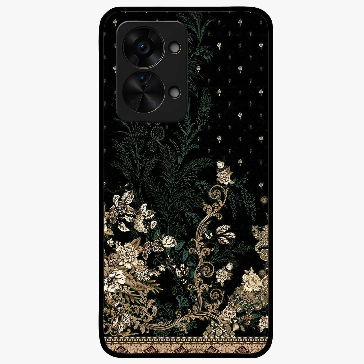 Regal Botanical Tapestry Glass Case for 1+Nord 2T luxurious front view featuring intricate botanical tapestry artwork