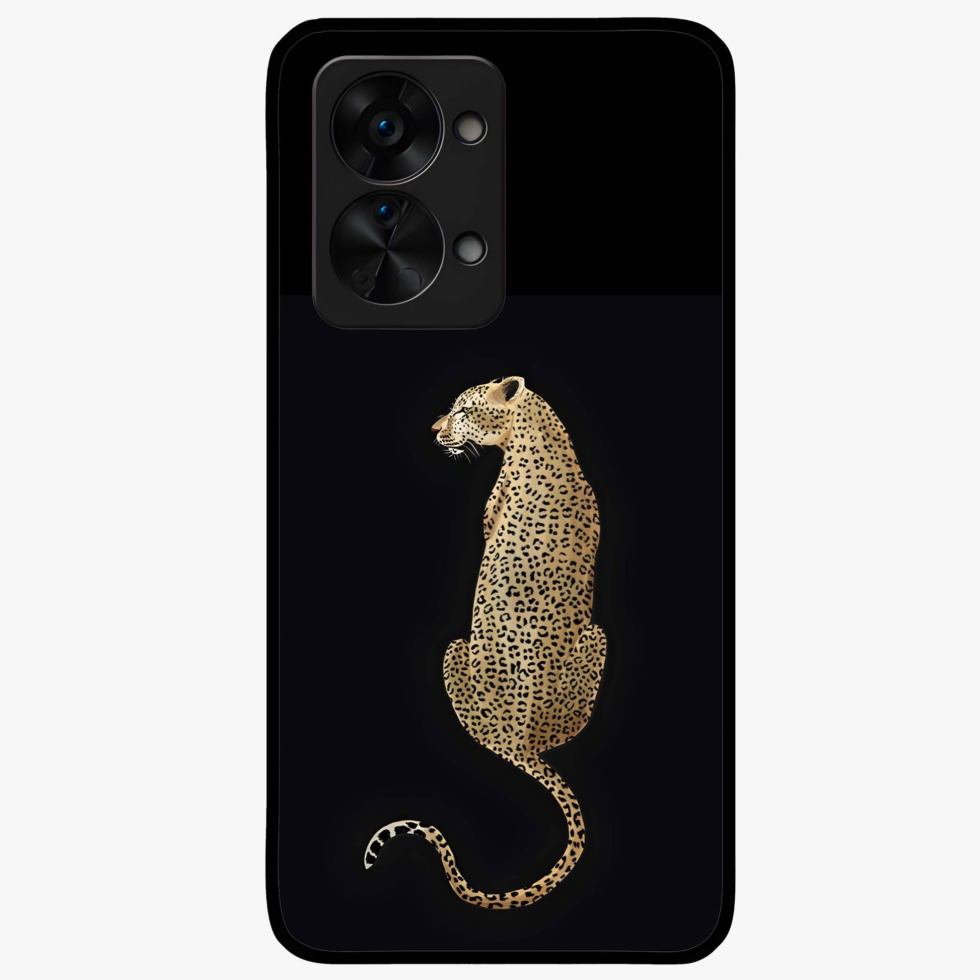 Regal Leopard Glass Case for 1+Nord 2T bold front view featuring majestic leopard artwork with rich tones