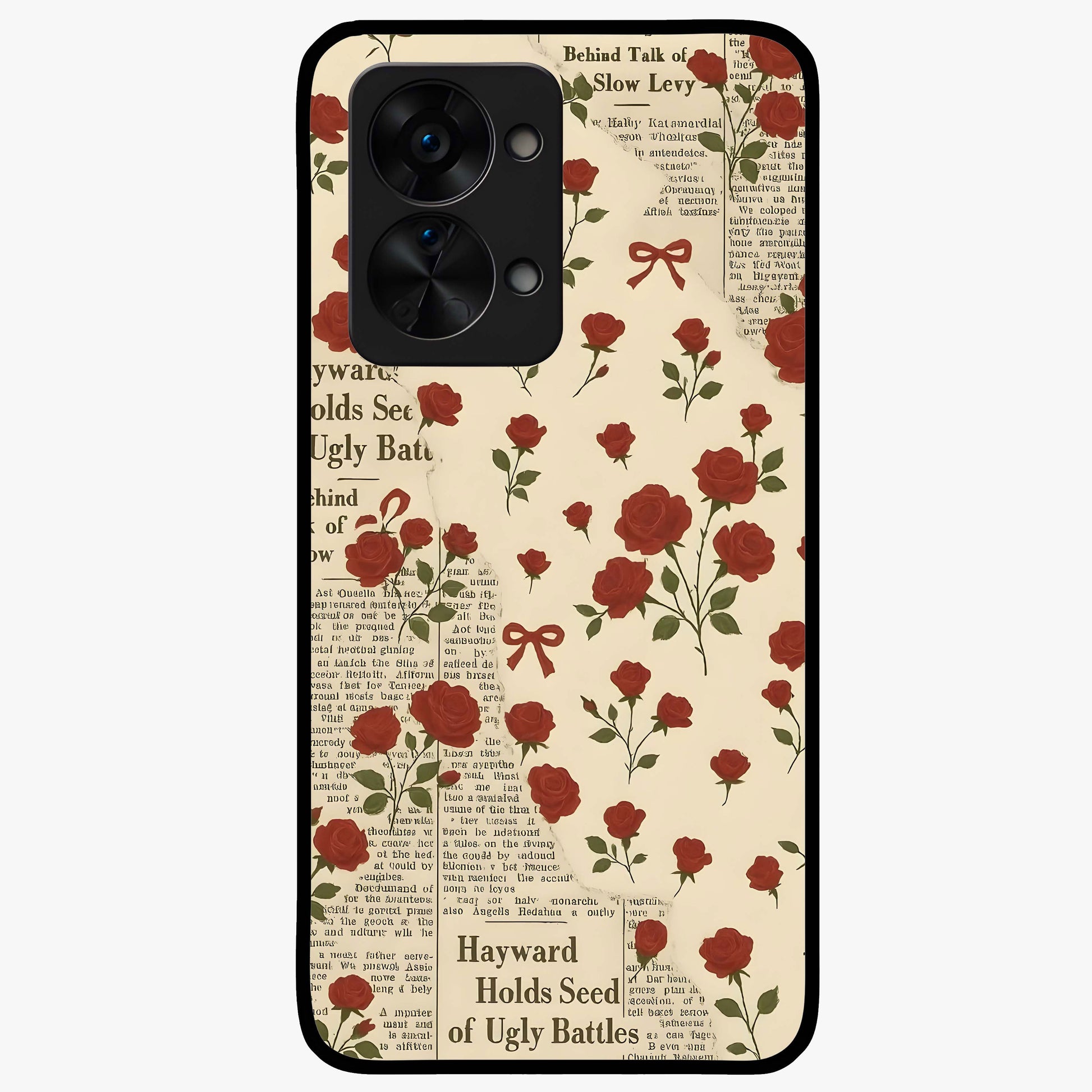 Retro Rose Journal Glass Case for 1+Nord 2T elegant front view featuring vintage rose artwork with journal aesthetic