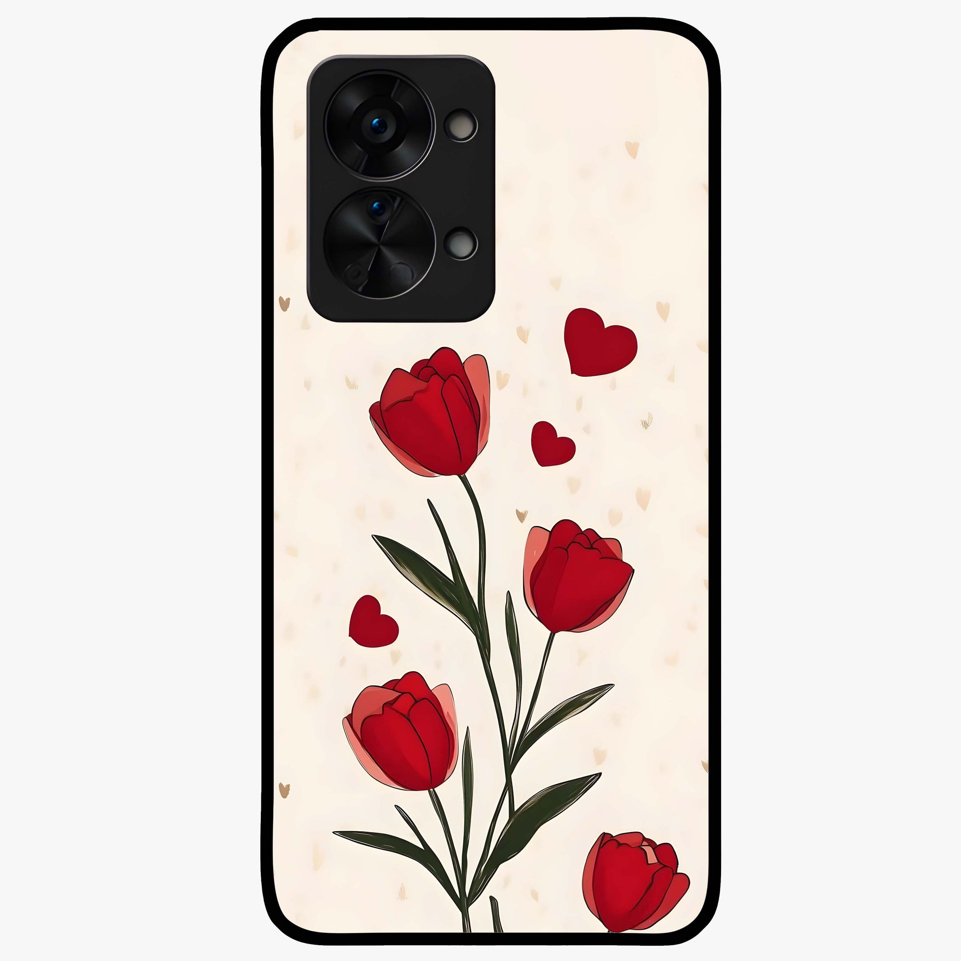 Romantic Tulip Hearts Glass Case for 1+Nord 2T sweet front view featuring tulip floral artwork with heart accents