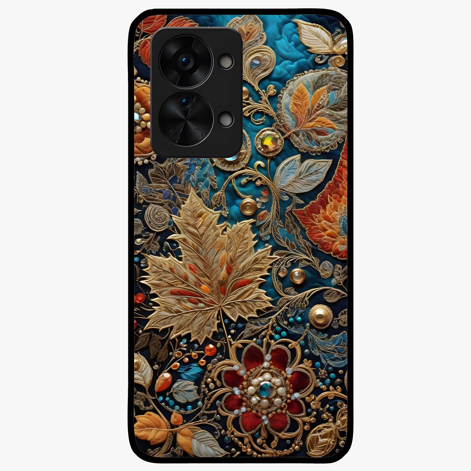 Royal Jewel Garden Glass Case for 1+Nord 2T luxurious front view featuring ornate floral artwork with jewel accents