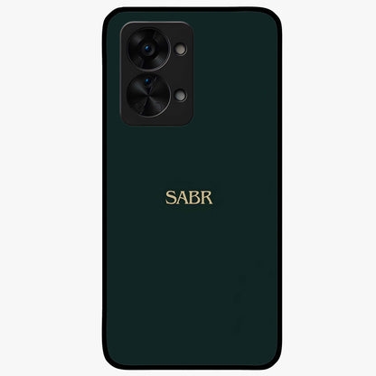 Sabr Minimal Patience Glass Case for 1+Nord 2T clean front view featuring minimalist typography artwork