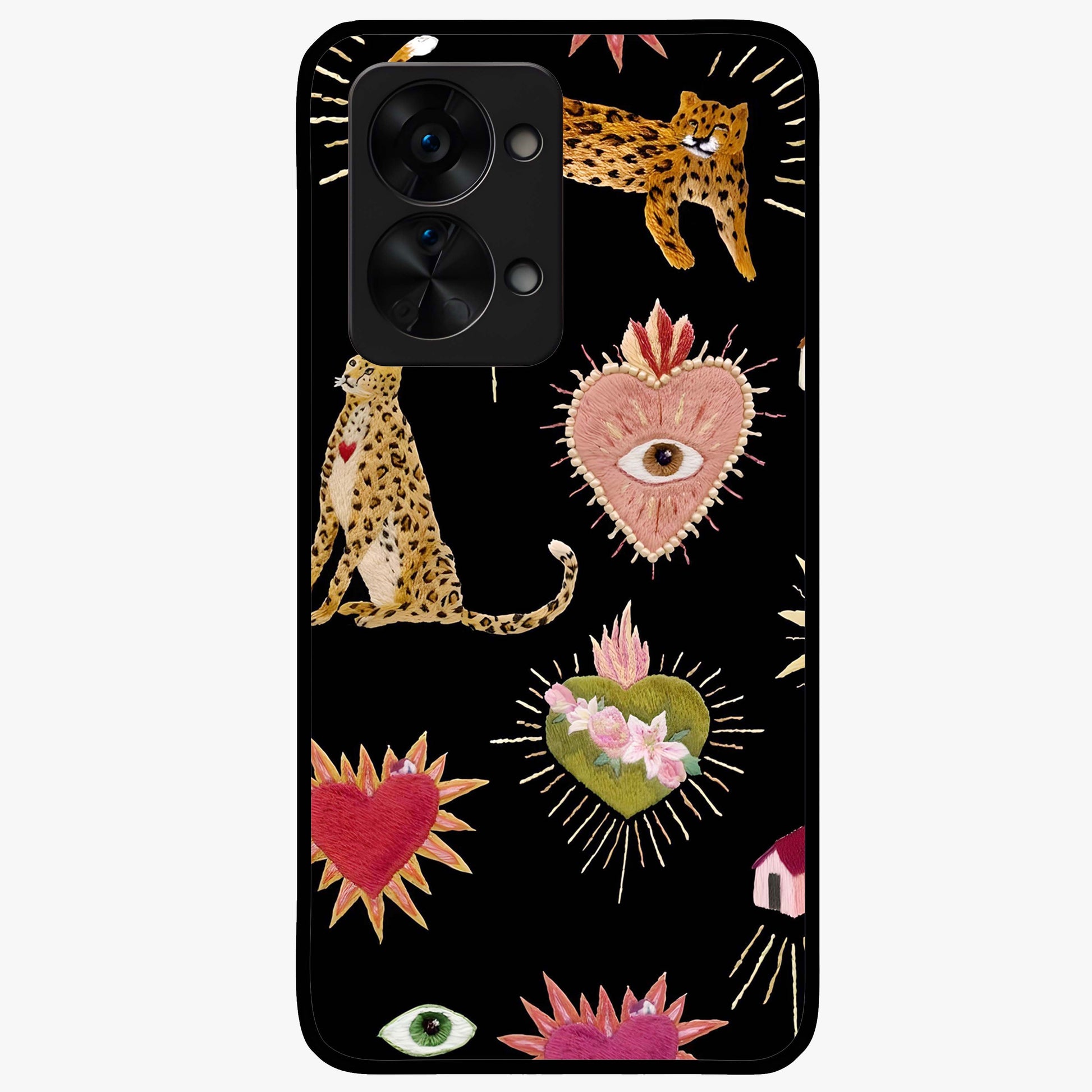 Sacred Jungle Heart Glass Case for 1+Nord 2T vibrant front view featuring jungle inspired artwork with symbolic heart accents