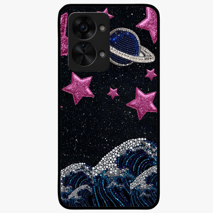 Saturn Pink Storm Glass Case for 1+Nord 2T bold front view featuring cosmic Saturn artwork in vibrant pink tones