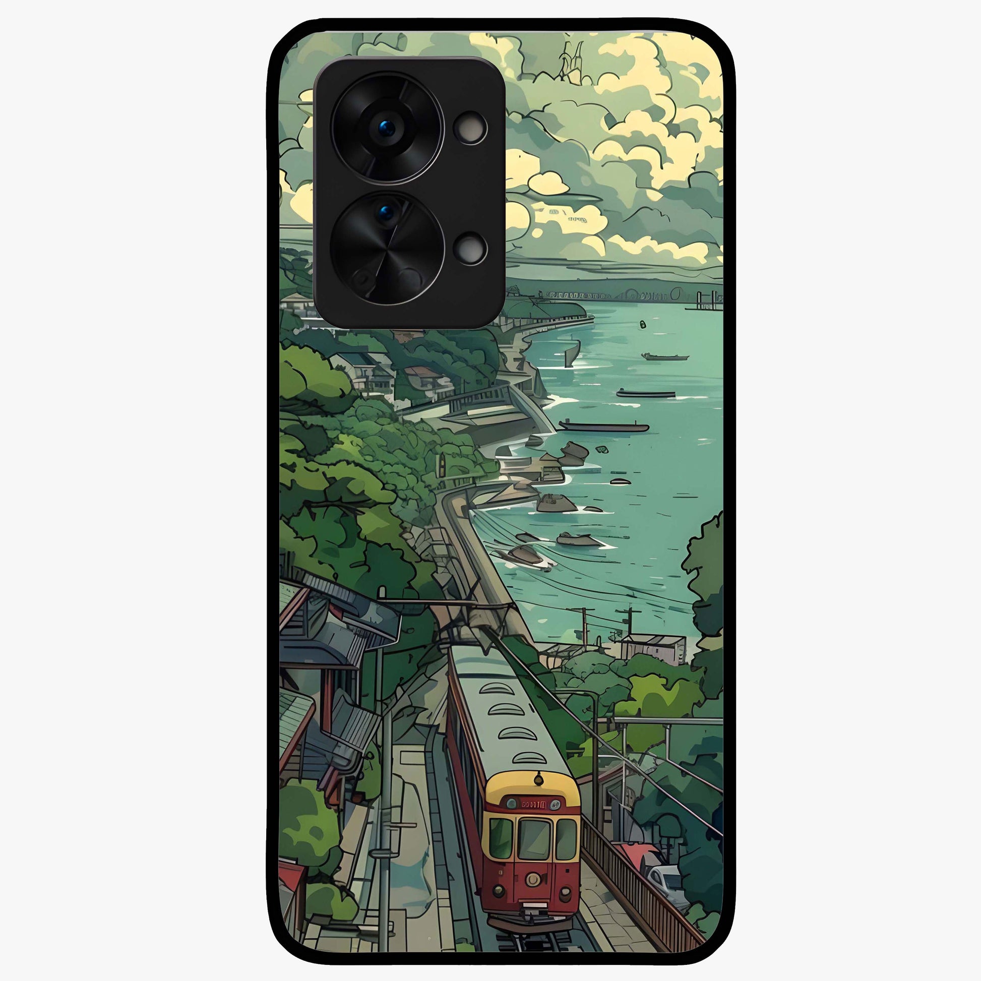 Seaside Train Ride Glass Case for 1+Nord 2T scenic front view featuring coastal train landscape artwork