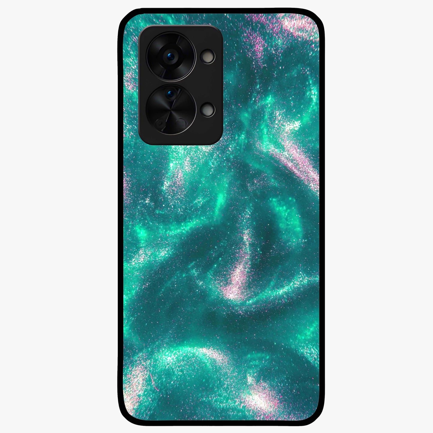 Shimmering Nebula Waves Glass Case for 1+Nord 2T vibrant front view featuring cosmic wave artwork in glowing tones