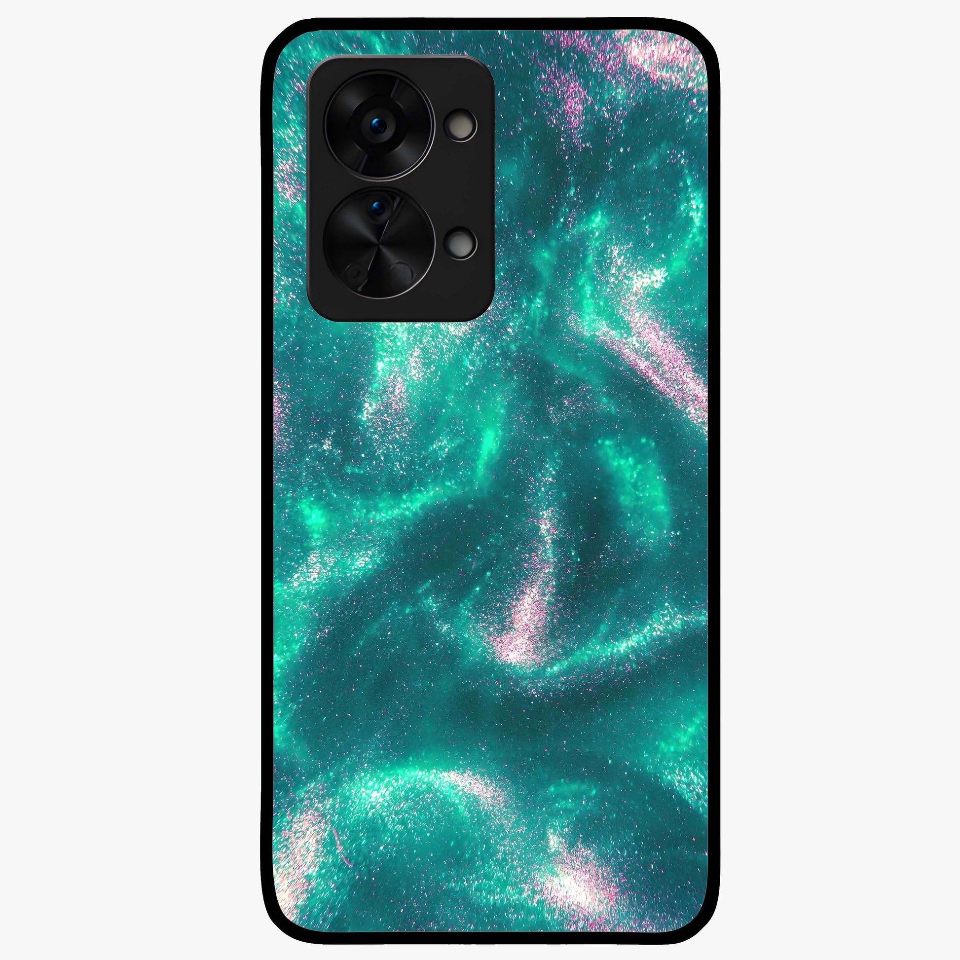 Shimmering Nebula Waves Glass Case for 1+Nord 2T vibrant front view featuring cosmic wave artwork in glowing tones