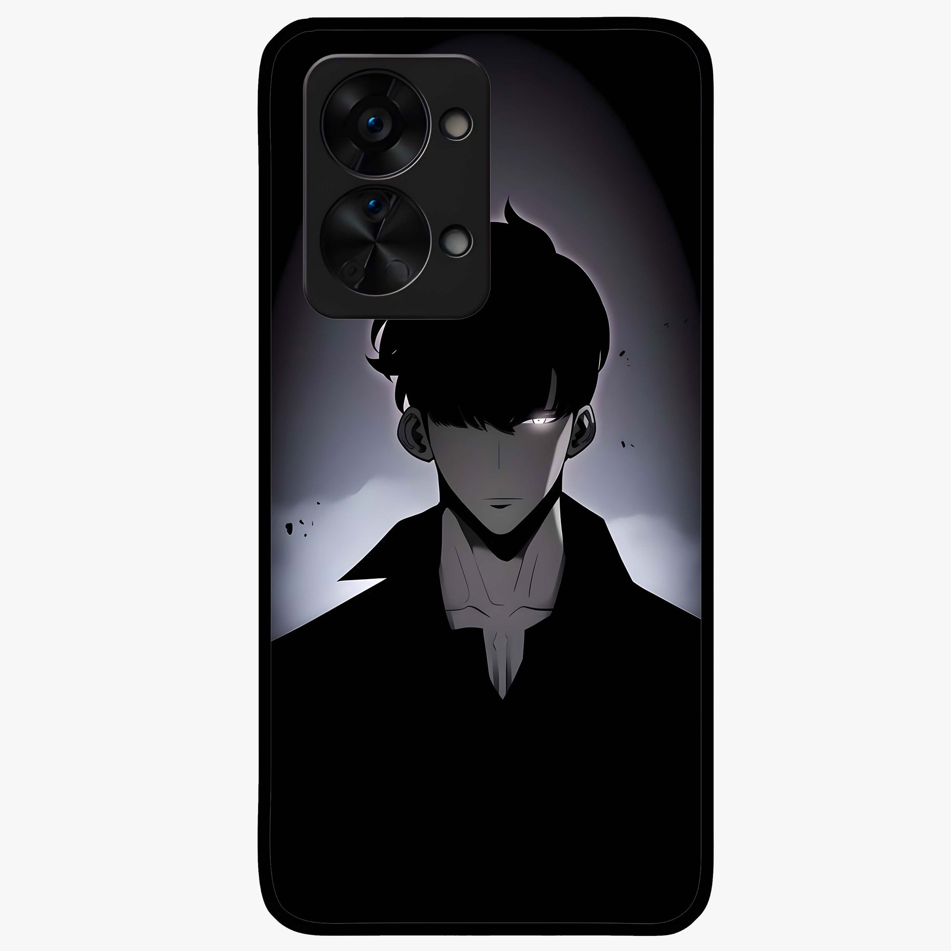 Silent Shadow Awakening Glass Case for 1+Nord 2T intense front view featuring dark warrior inspired artwork