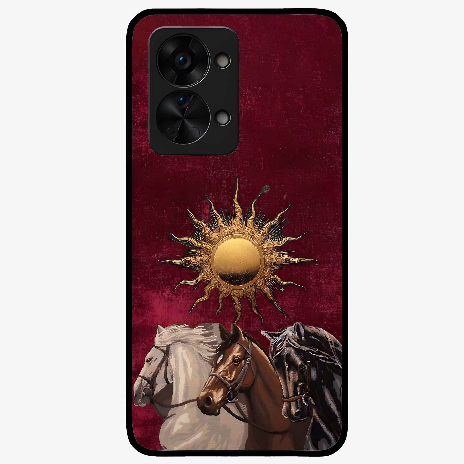 Solar Riders Glass Case for 1+Nord 2T dynamic front view featuring bold rider inspired artwork with solar tones