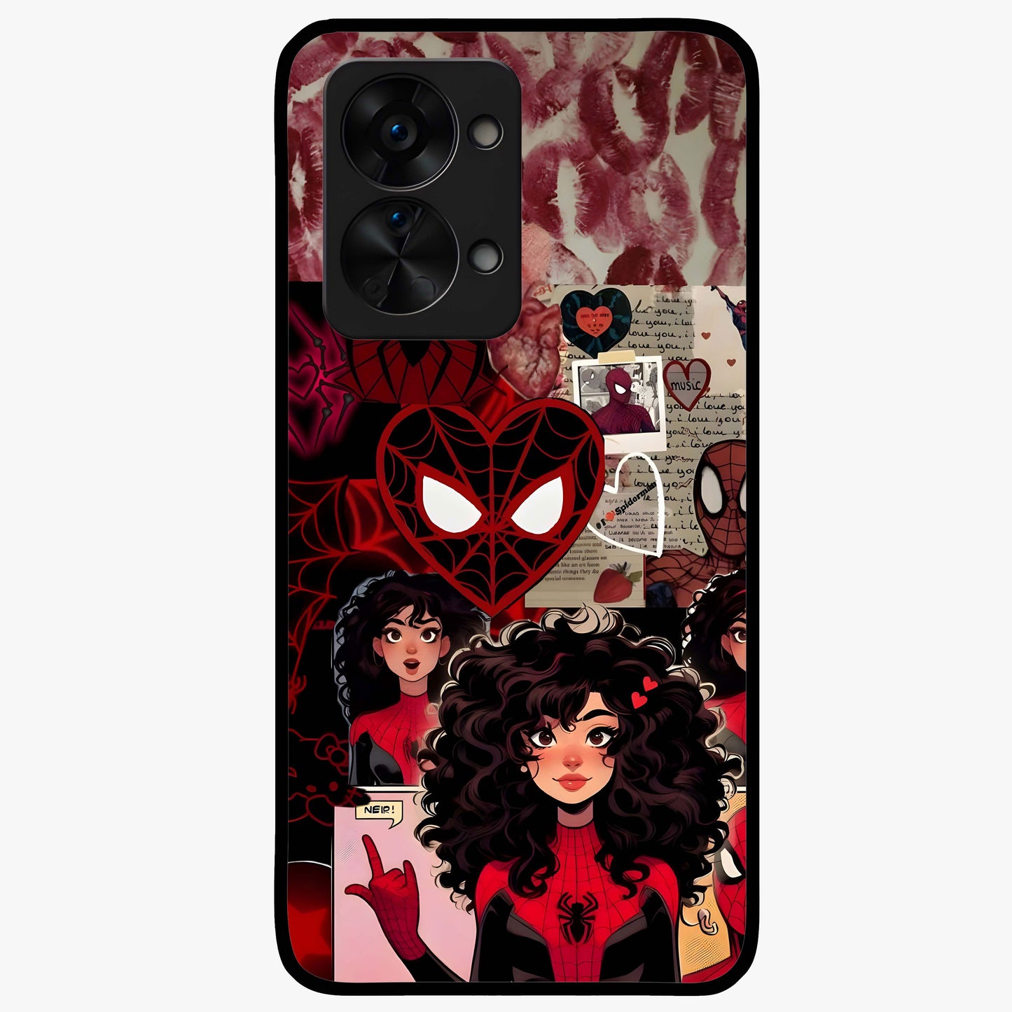 Spider Love Story Glass Case for 1+Nord 2T bold front view featuring superhero inspired romantic artwork