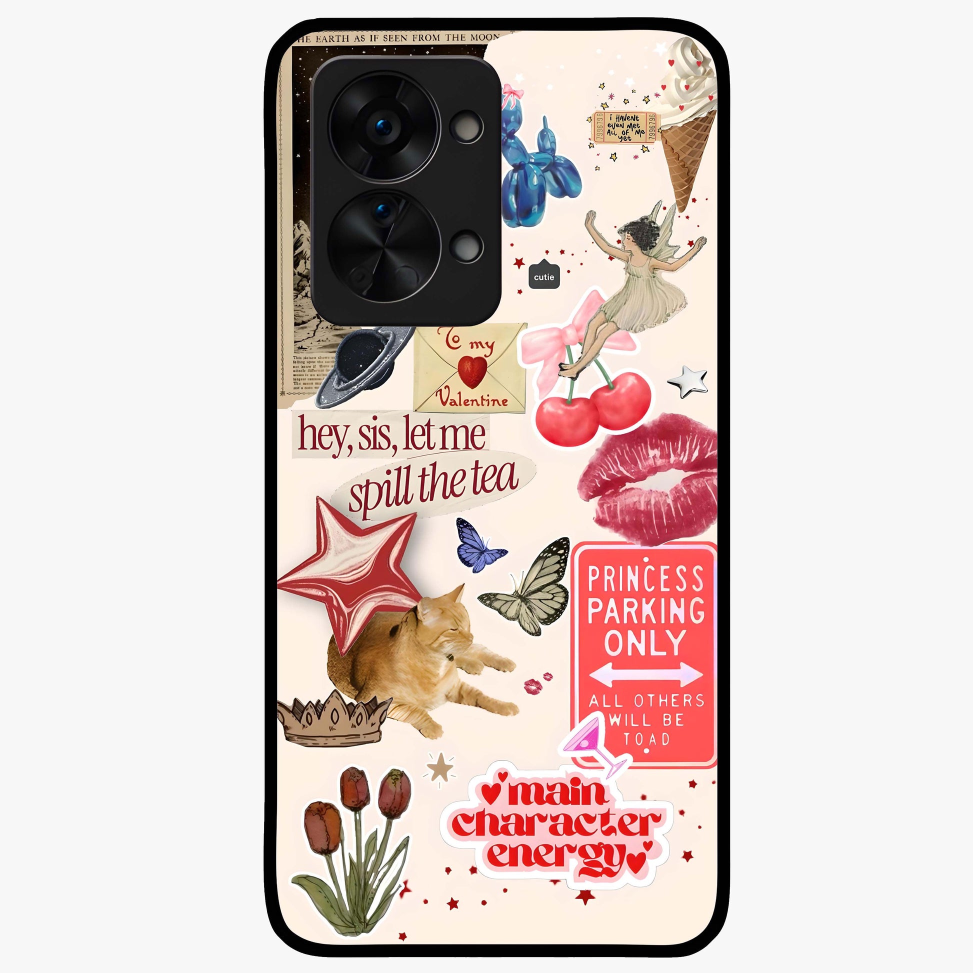 Spill the Tea Retro Collage Glass Case for 1+Nord 2T playful front view featuring vintage style collage artwork