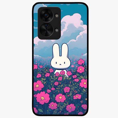 Springtime Blossom Bunny Glass Case for 1+Nord 2T adorable front view featuring bunny artwork with spring floral accents