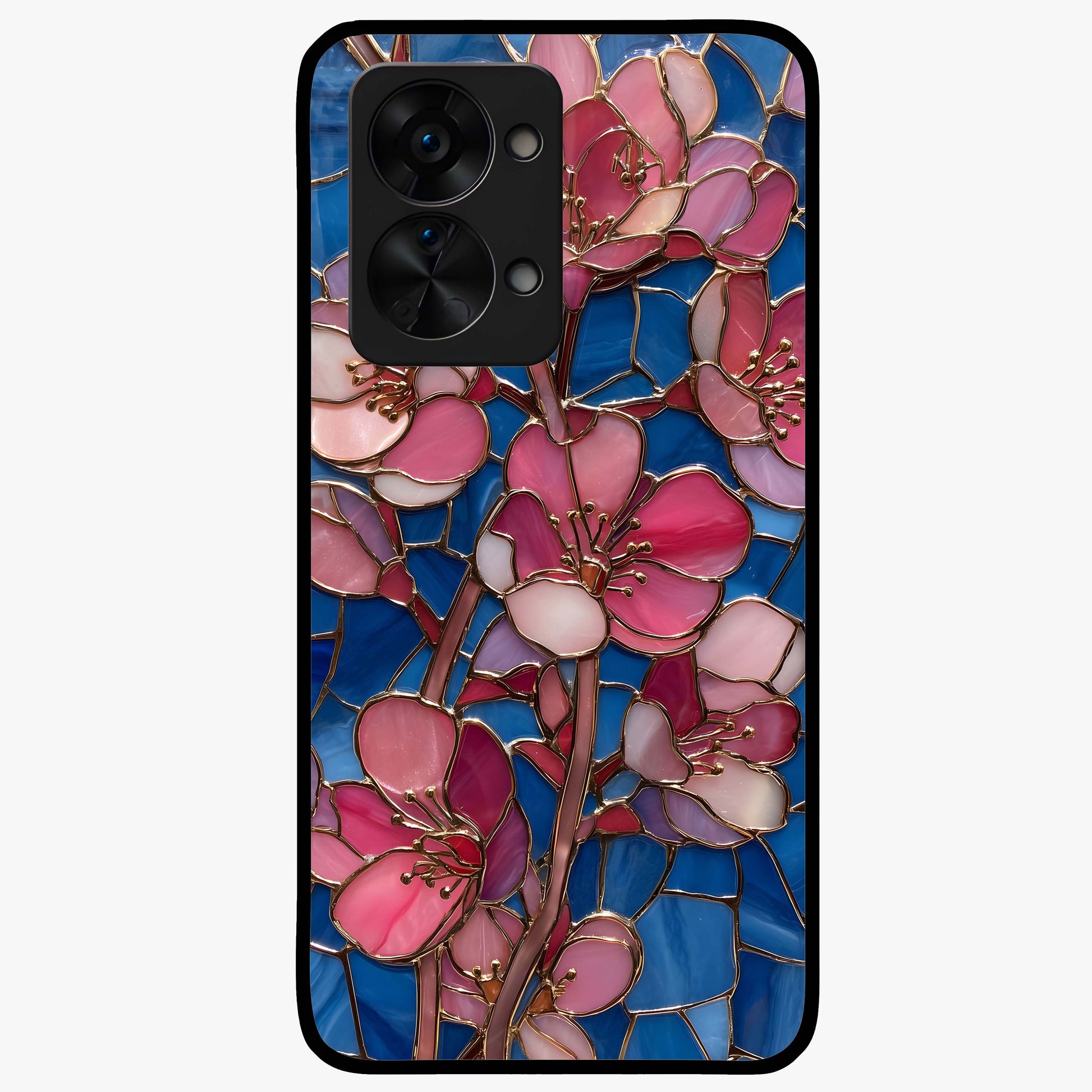 Stained Bloom Grace Glass Case for 1+Nord 2T elegant front view featuring stained glass inspired floral artwork