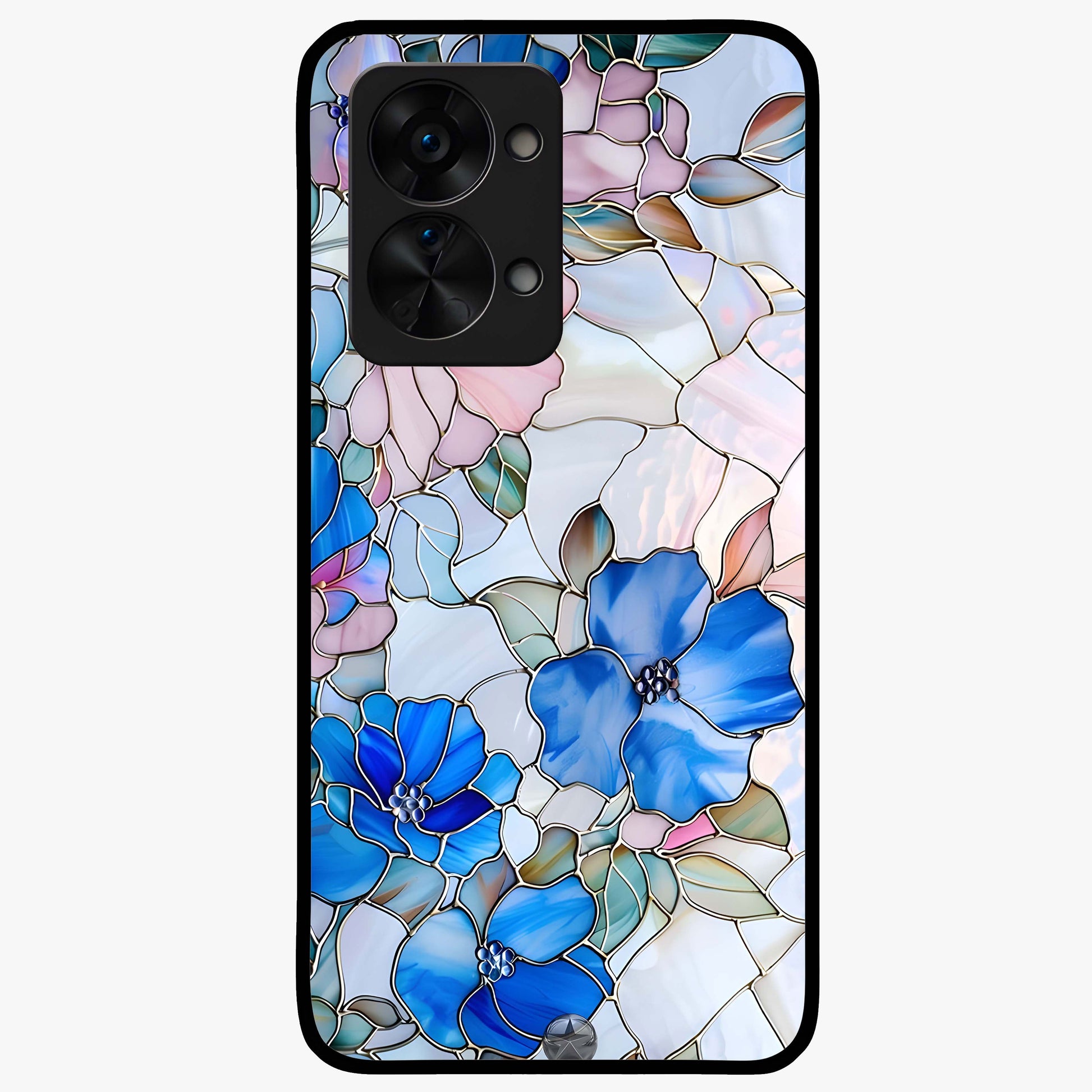 Stained Blue Floral Glass Case for 1+Nord 2T elegant front view featuring blue stained glass inspired floral artwork