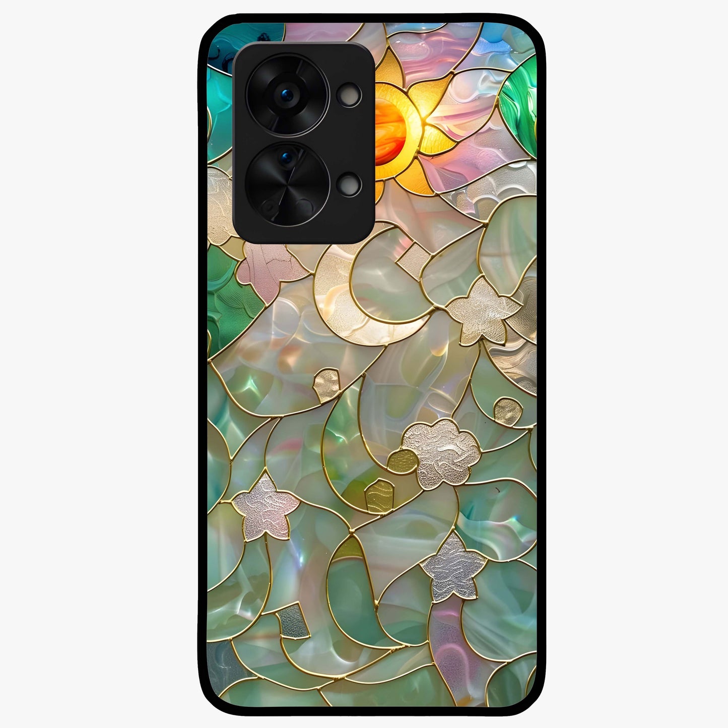 Stained Sunrise Glow Glass Case for 1+Nord 2T radiant front view featuring sunrise inspired stained glass artwork