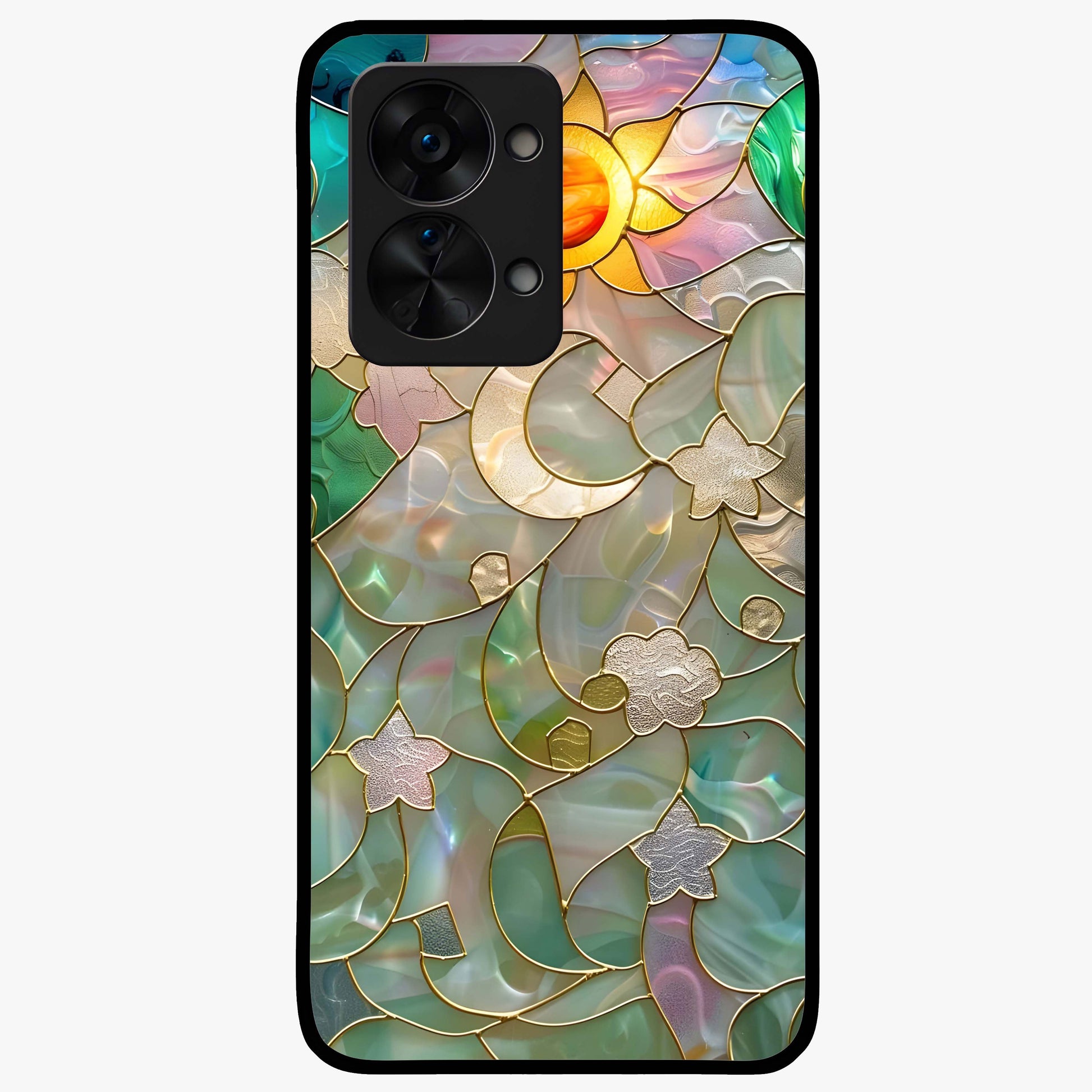 Stained Sunrise Glow Glass Case for 1+Nord 2T radiant front view featuring sunrise inspired stained glass artwork